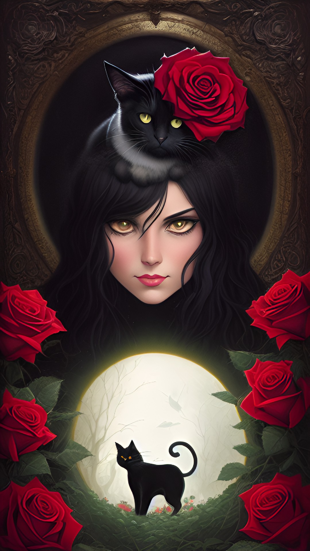 black cat, bushes, roses preview