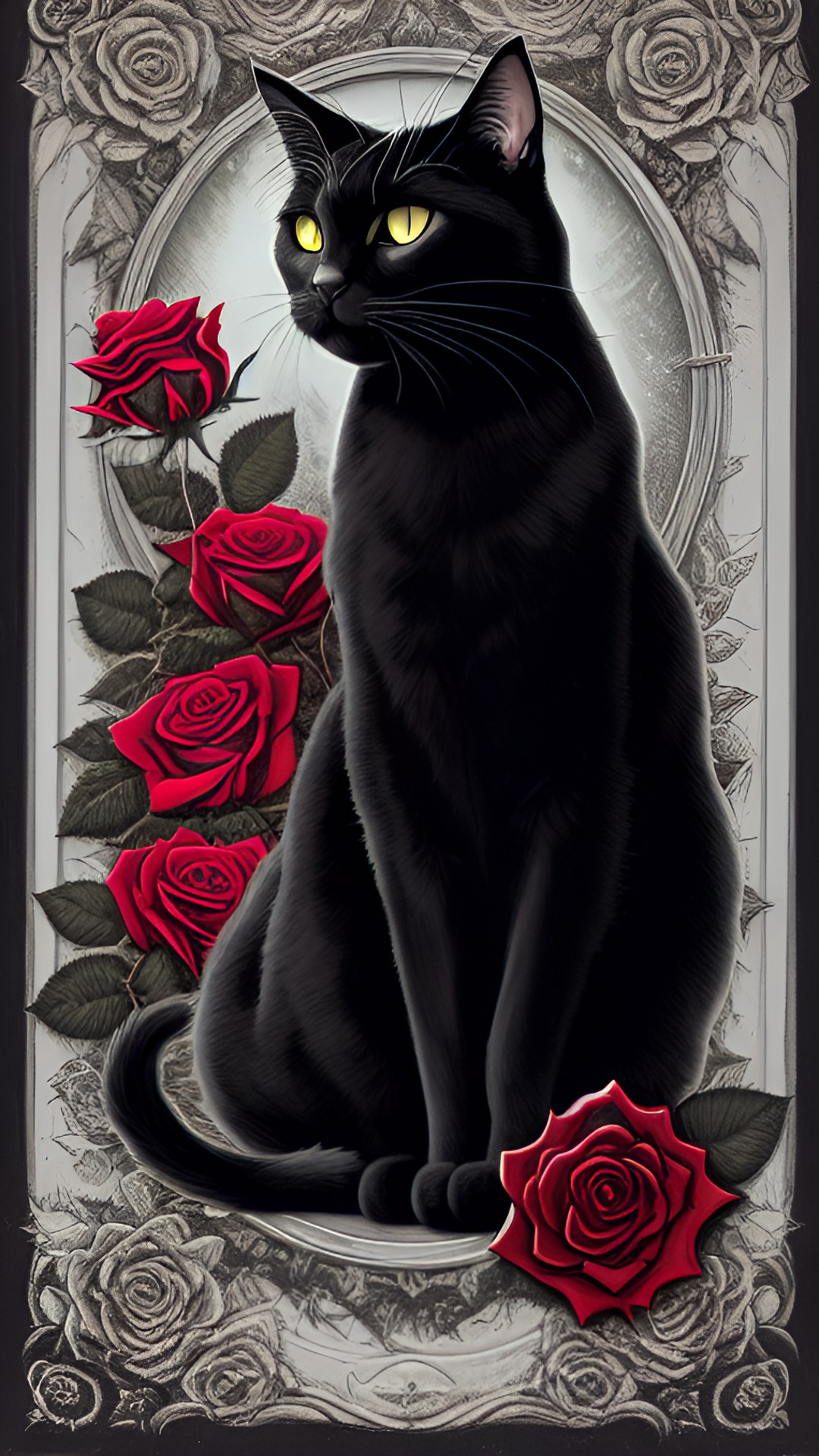 black cat, bushes, roses preview