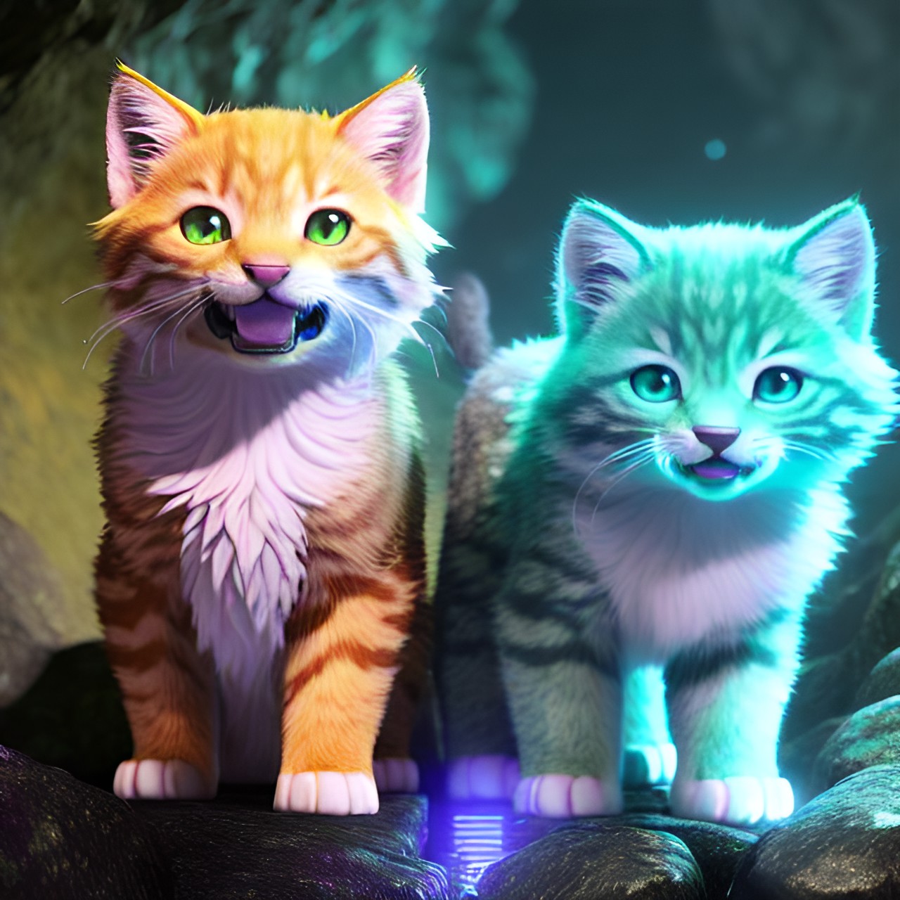 a glowing smile kitten group that have rainbow different colors i need one set of magical in a cave by a angry wolf preview