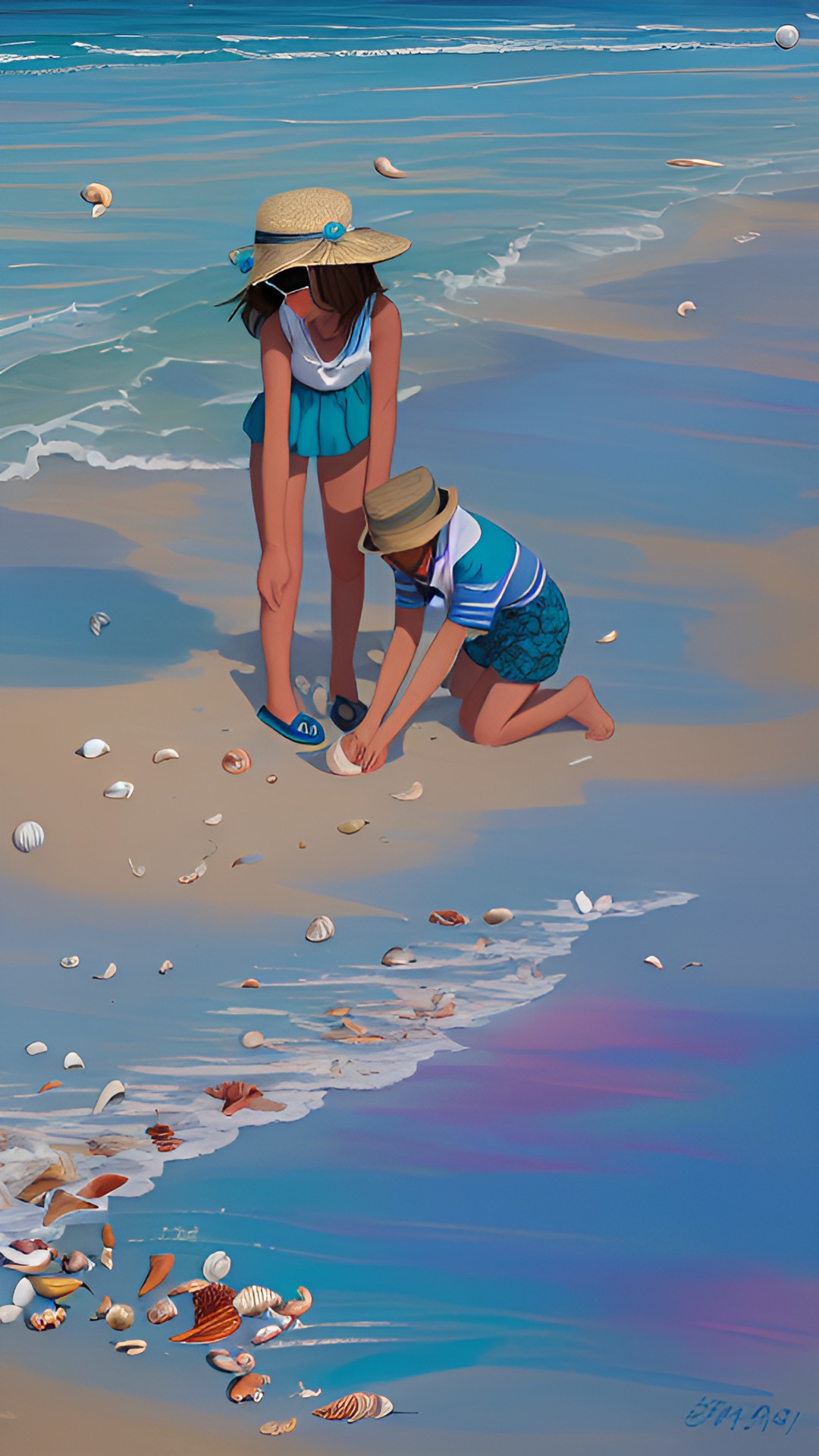 picking up shells on the beach
summer nostalgia 
blue teal white gold silver preview