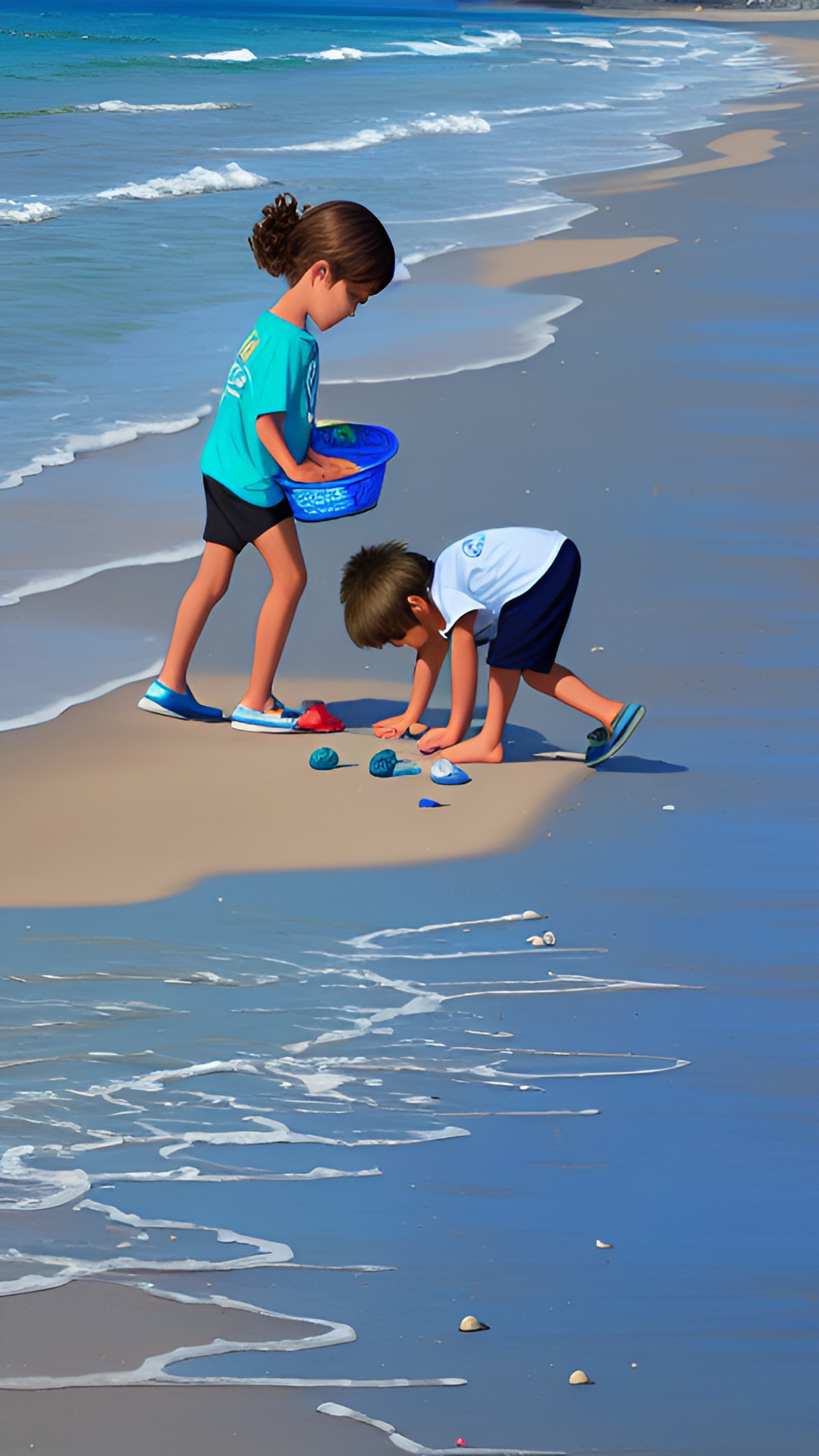 2 kids picking up shells on the beach
summer nostalgia 
blue teal white gold silver preview