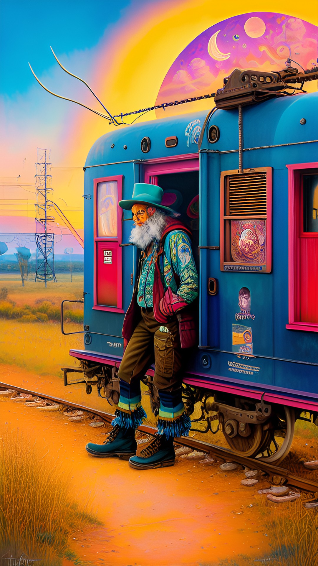 Old Timer - hobo clown, railroad track, caboose, sunset, gypsy, mountain, boots, crescent moon preview