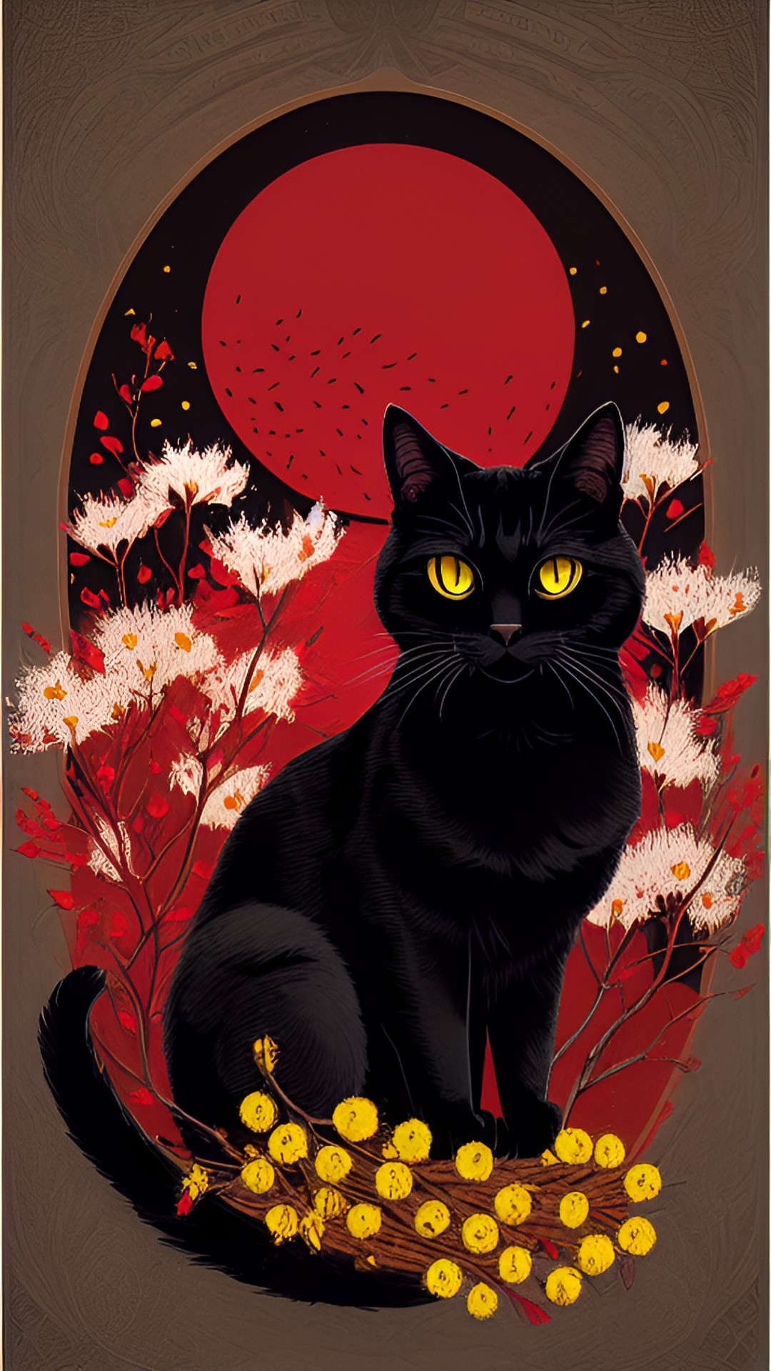 black cat with yellow eyes, dry bush, red berries, white flowers preview