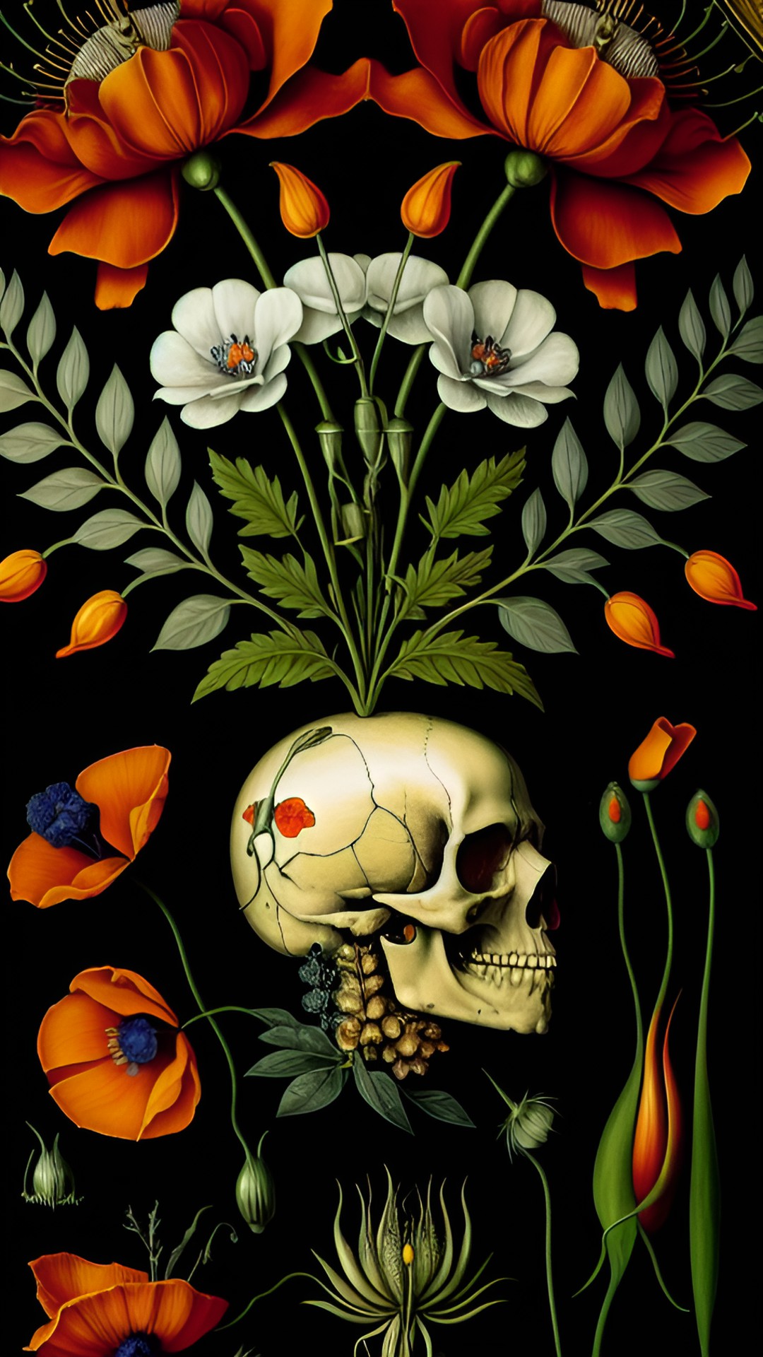 skull and poppies botanical medical illustration albrecht durer style influenced by ernst haeckel rich colour intense detail preview