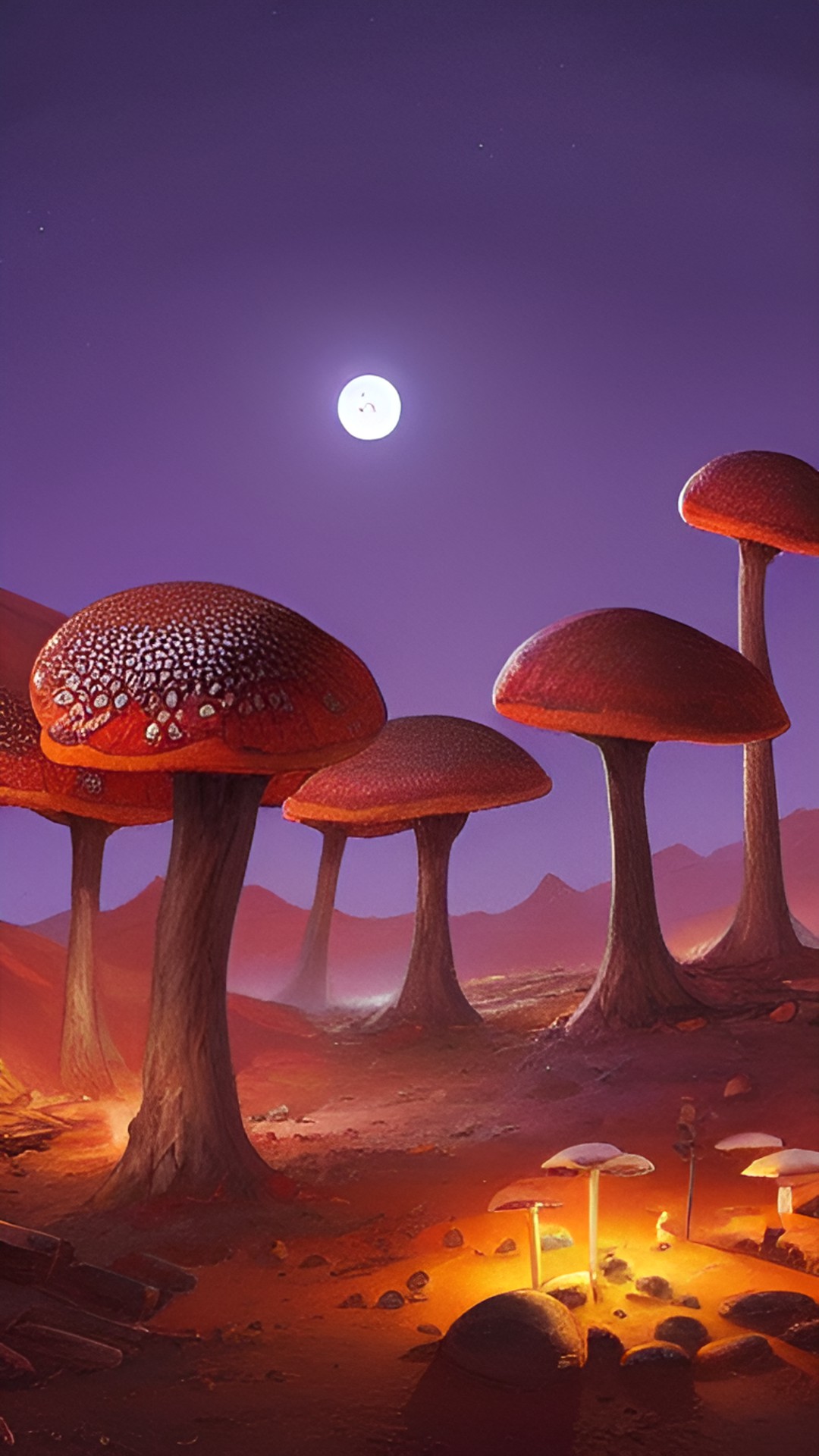 five giant porcini mushrooms in the desert in the night preview