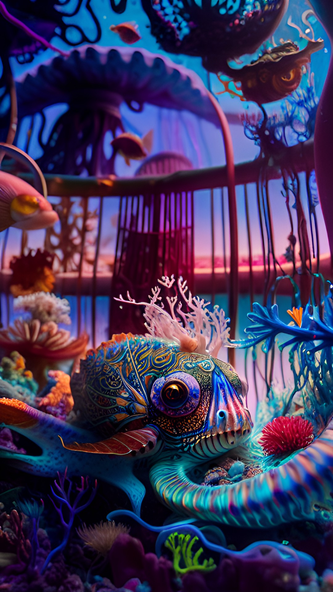 underwater, close up, hybrid fantasy, ultra detailed, cluttered, glowing, bioluminescent, intricate, magic, pattern, delicate, filigree, fish, jellyfish, coral, seaweed, trinket, squid preview