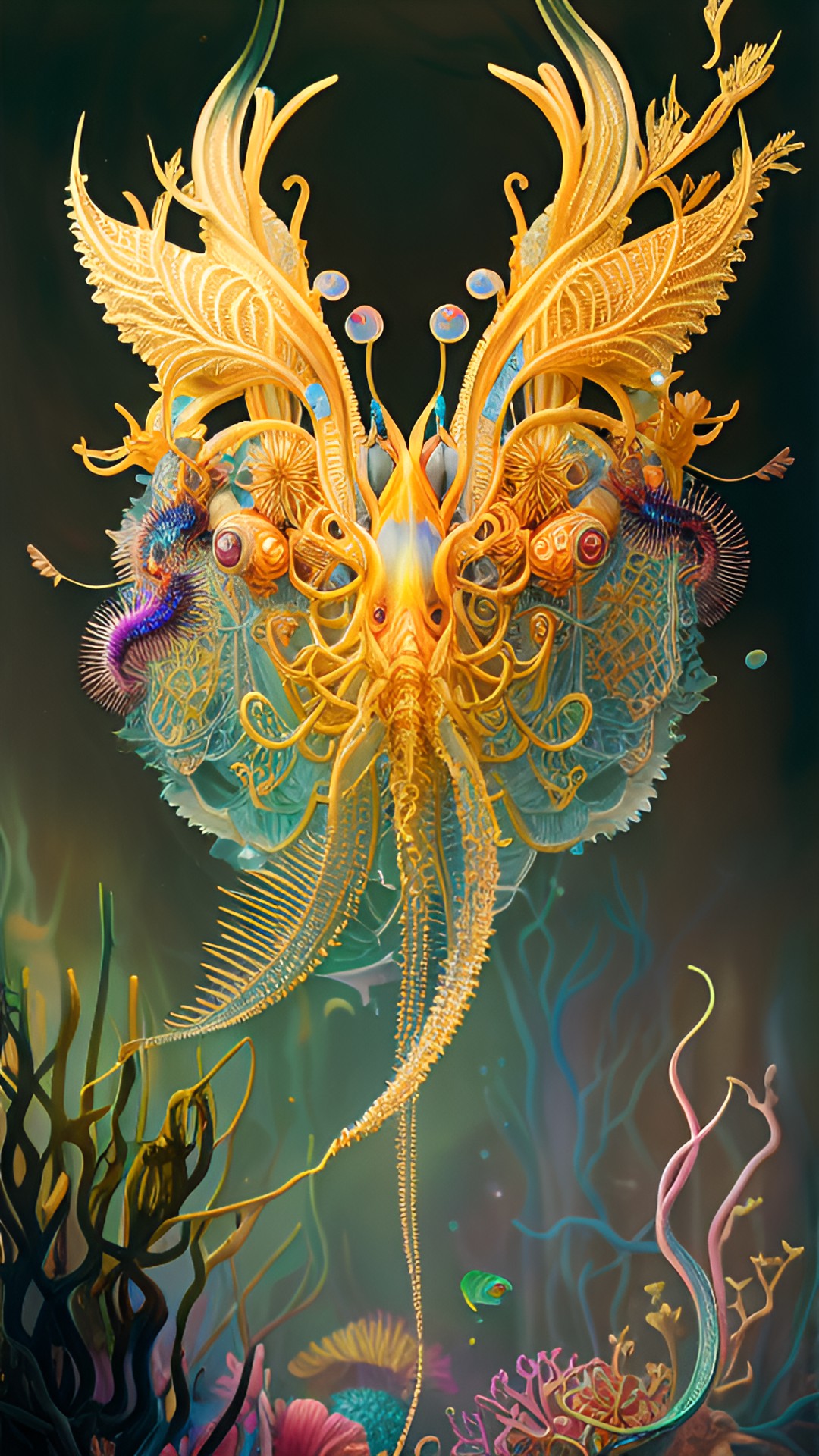 underwater, close up, hybrid fantasy, ultra detailed, cluttered, glowing, bioluminescent, intricate, magic, pattern, delicate, filigree, fish, jellyfish, coral, seaweed, trinket, squid preview