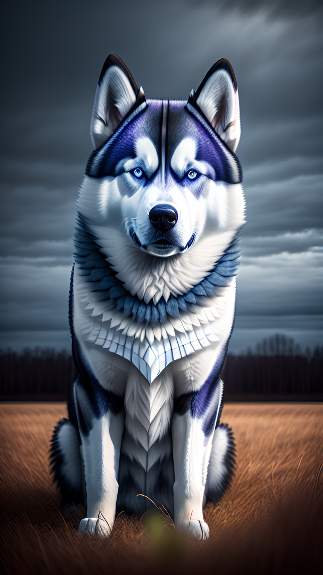 The alone husky - a majestic husky dog in a field in the night with bright blue eyes and black white and gray fur preview