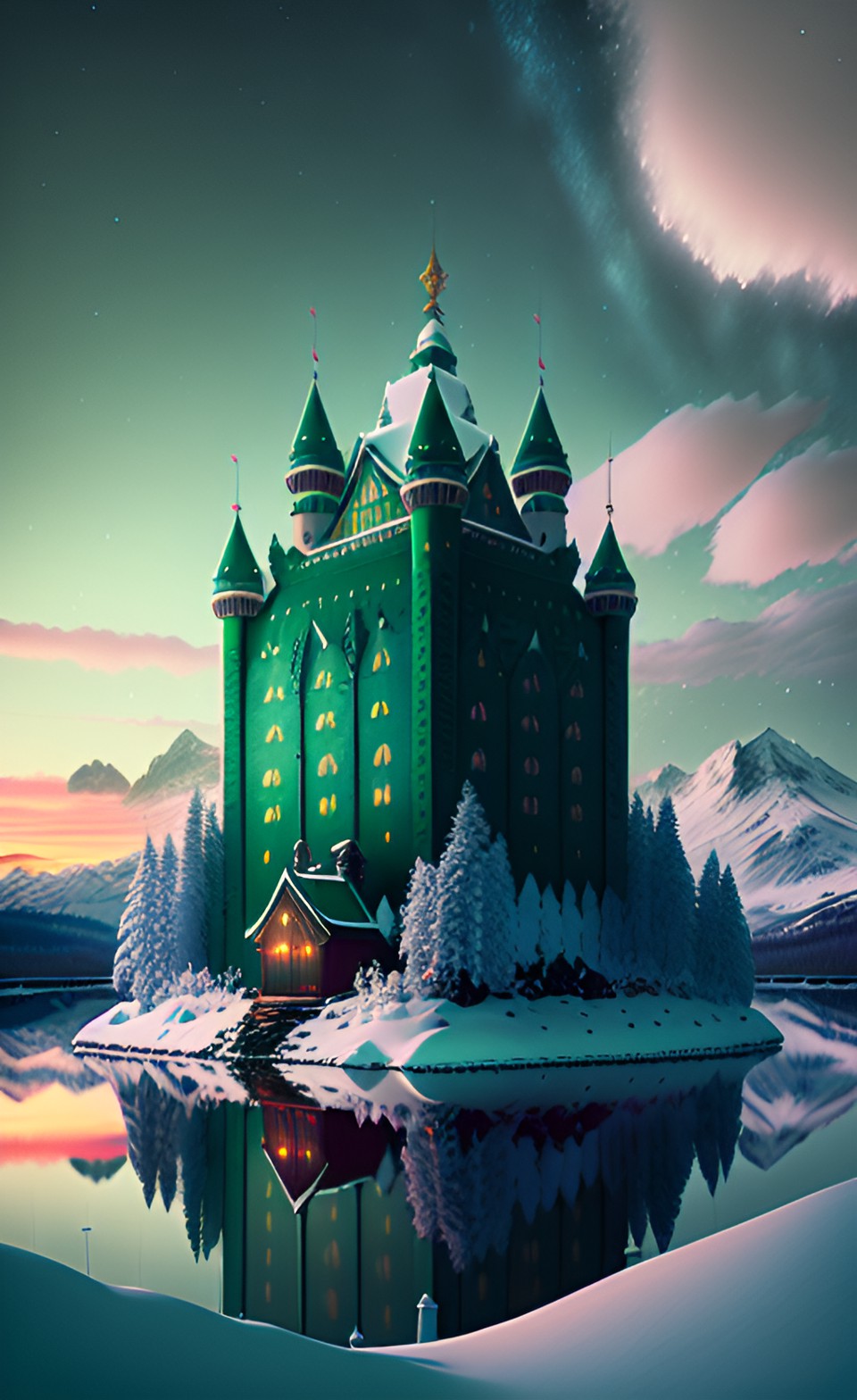 emerald castle snow capped mountains preview