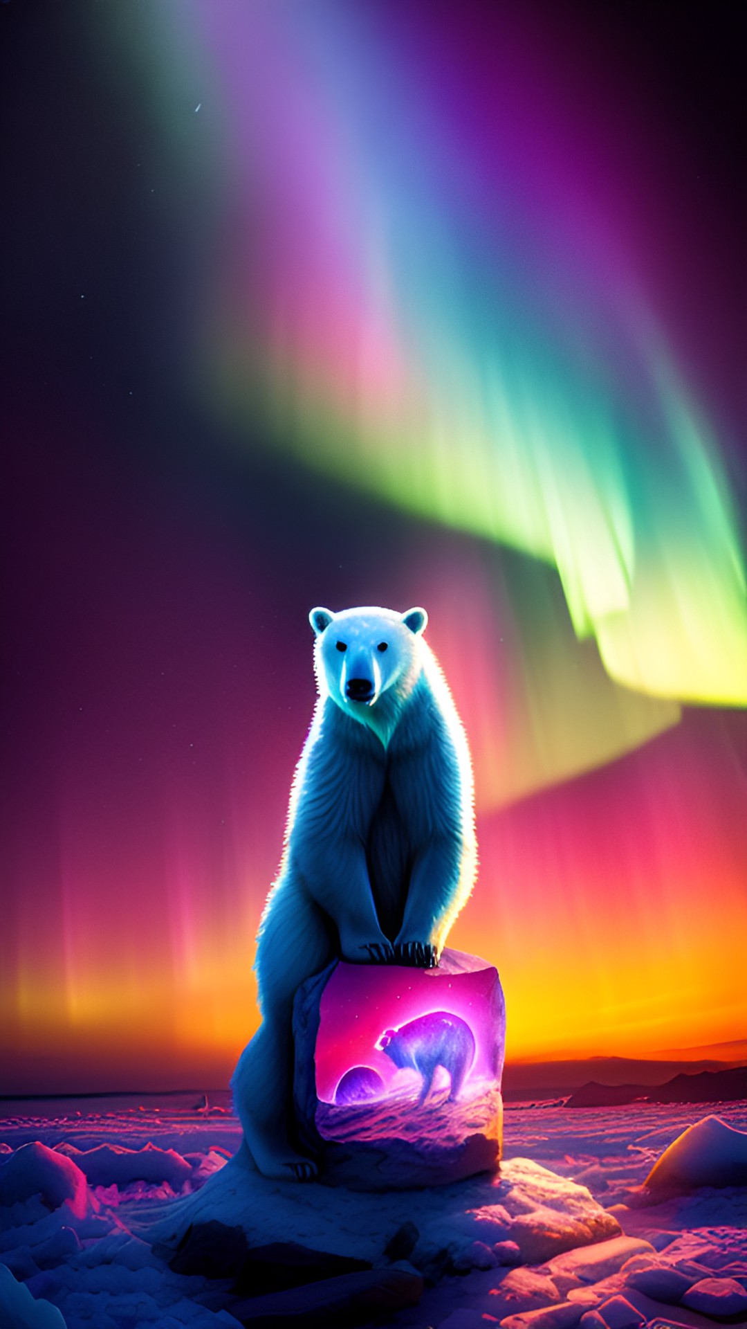 Aurora Borealis - polar bear, sunset, glacier, aurora borealis, stars, pink, jellyfish, magic, rainbow, ann frank style preview