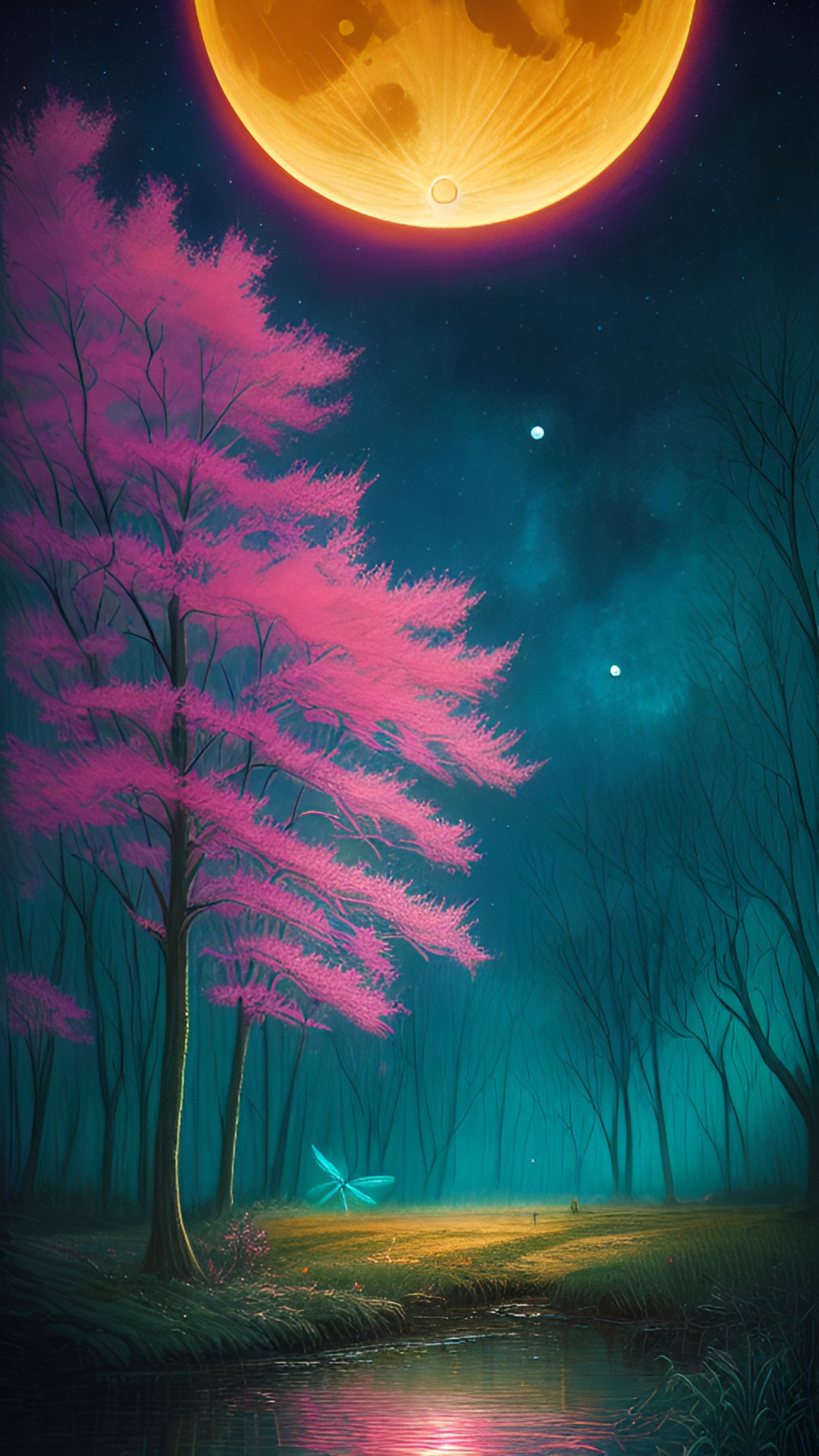 Frog Moon - dragonfly, frog, forest, wind, river, spirit, ancestors, trees, sunset, moon, stars, pink, turquoise preview