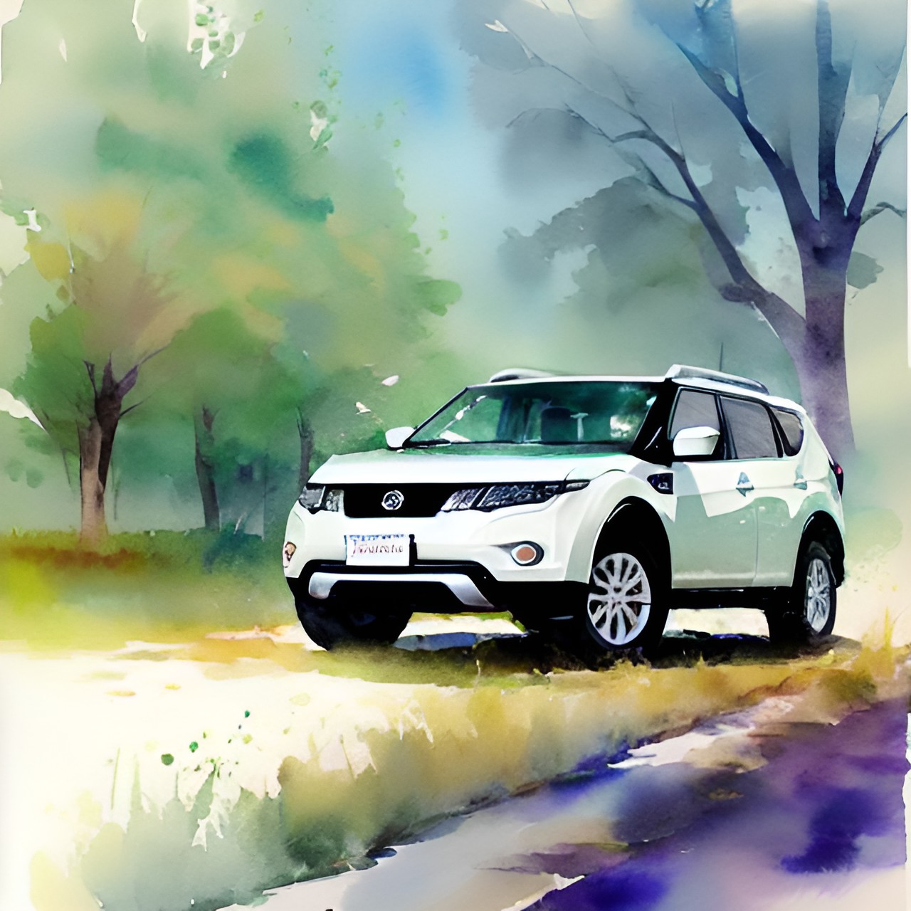 white nissan x-trail dreamy water colour trees preview