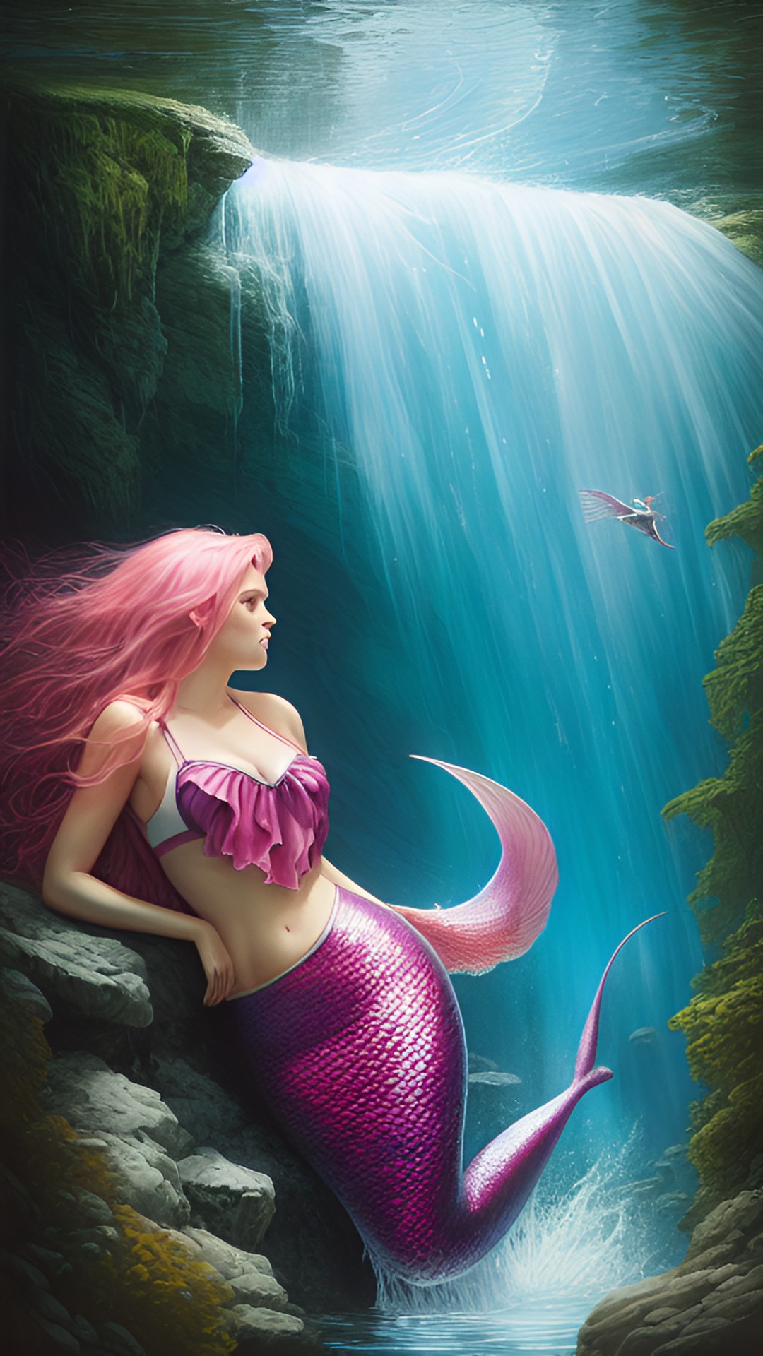 pink mermaid siren woman bathing in waterfall preview