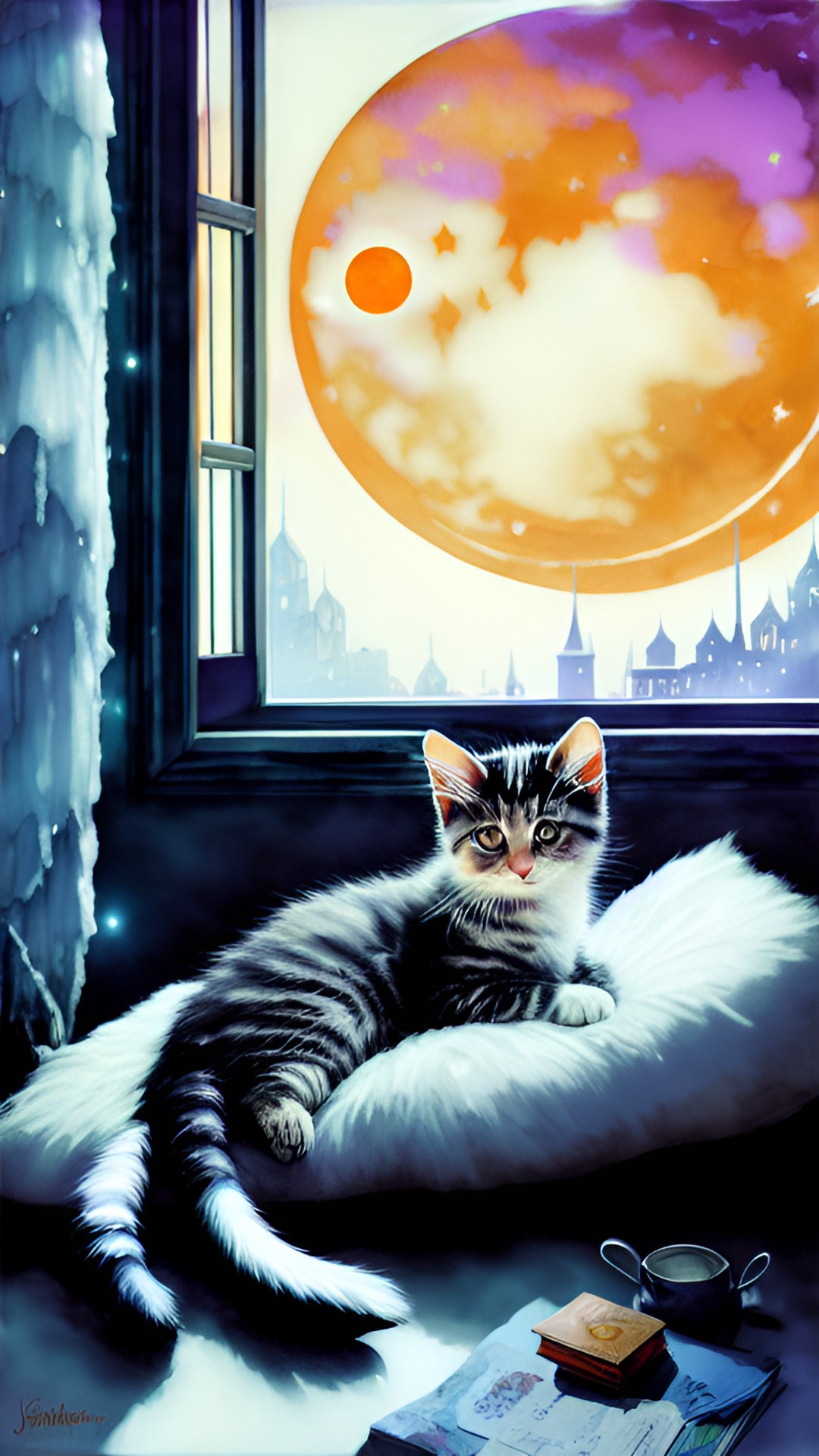 a kitten lying on a bed,an icy moon preview