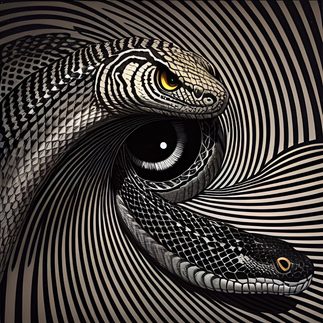 snakes around an eye, line drawing optical illusions preview