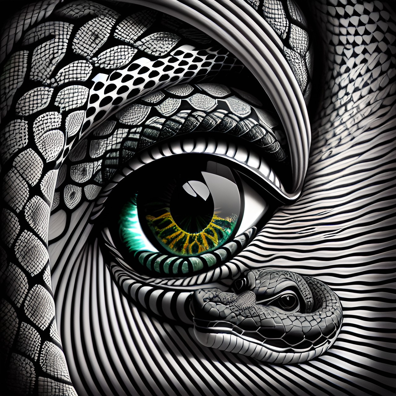 snakes around an eye, line drawing optical illusions preview