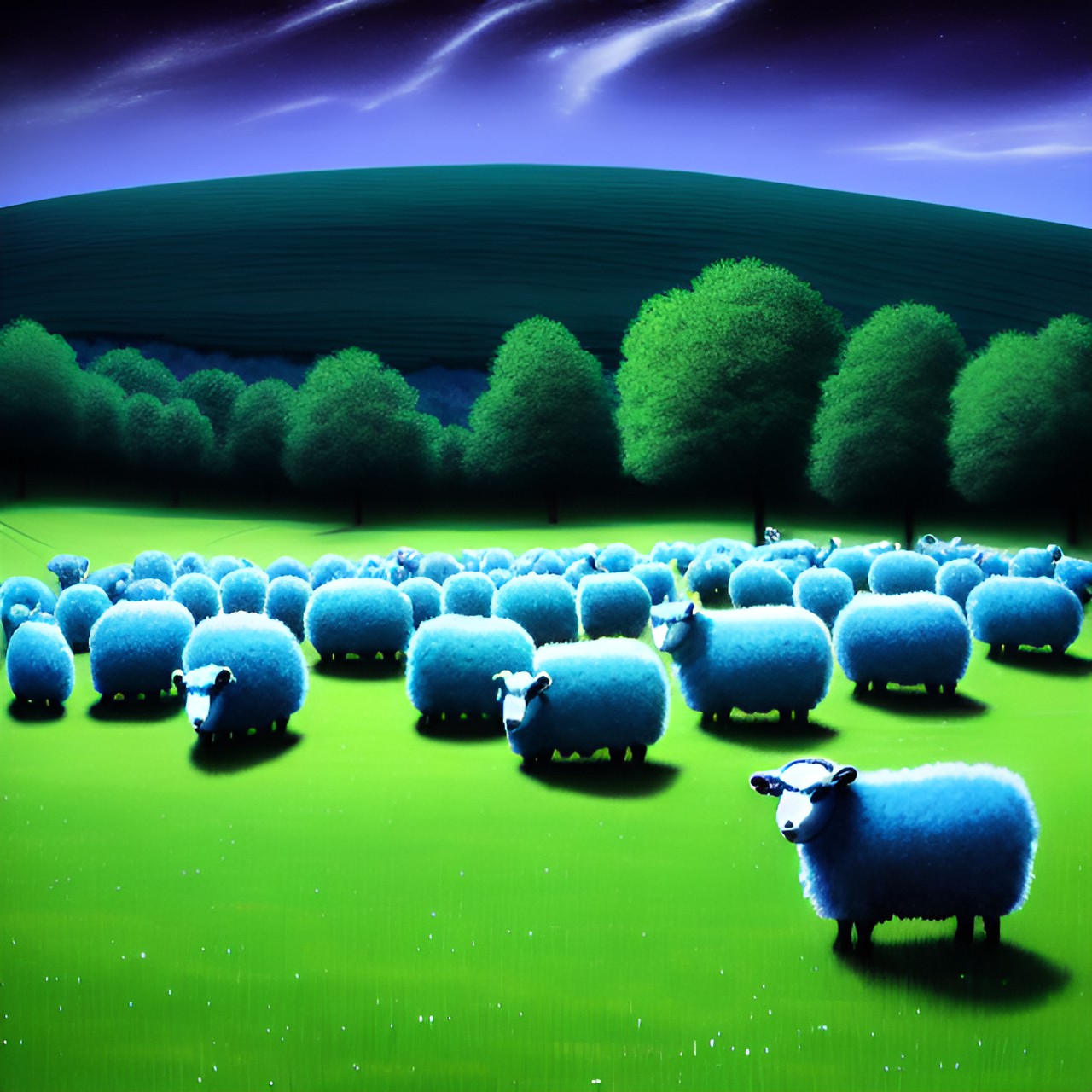 Blue Sheeps … - blue sheeps on a green meadow in banksy style at night preview