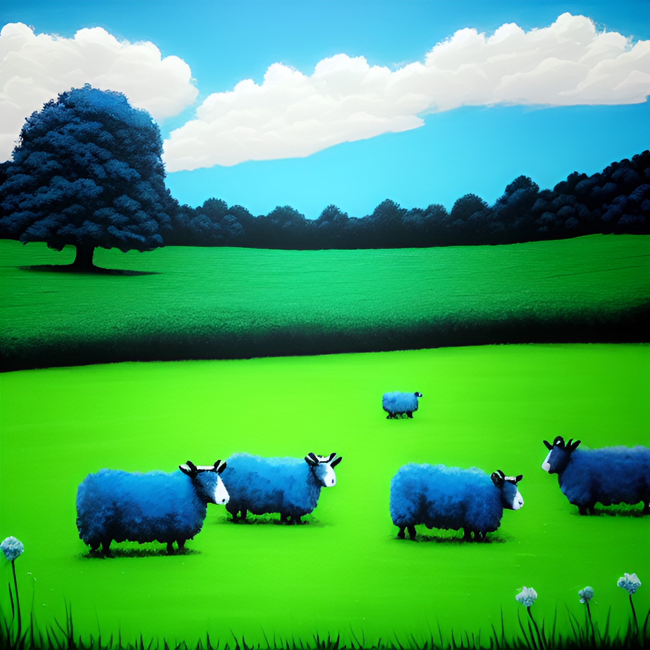 Blue sheeps 2 … - blue sheeps on a green meadow in banksy style at night preview