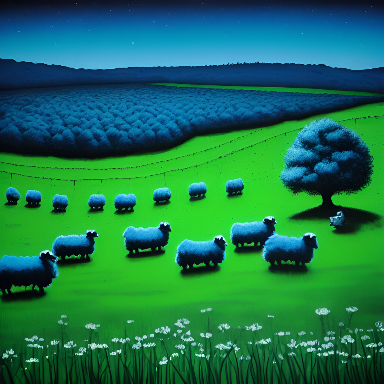 Blue sheeps 3 … - blue sheeps on a green meadow in banksy style at night preview