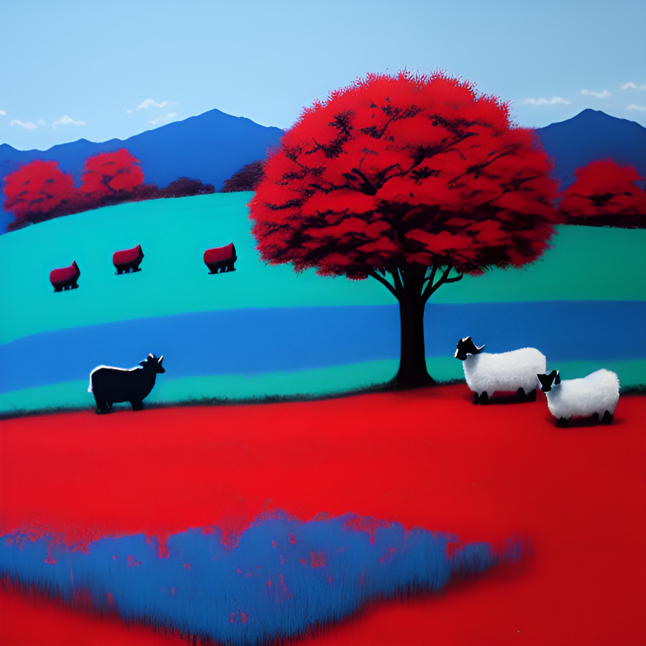 Red sheeps 1 … - red sheeps on a blue meadow in banksy style at night preview