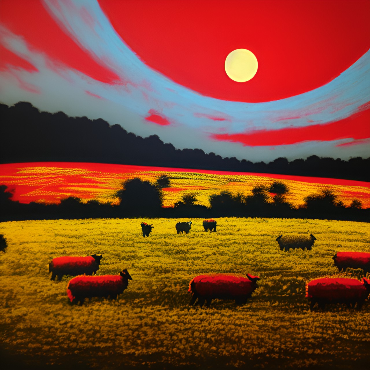 Red sheeps 2 … - red sheeps on a yellow meadow in banksy style at night preview