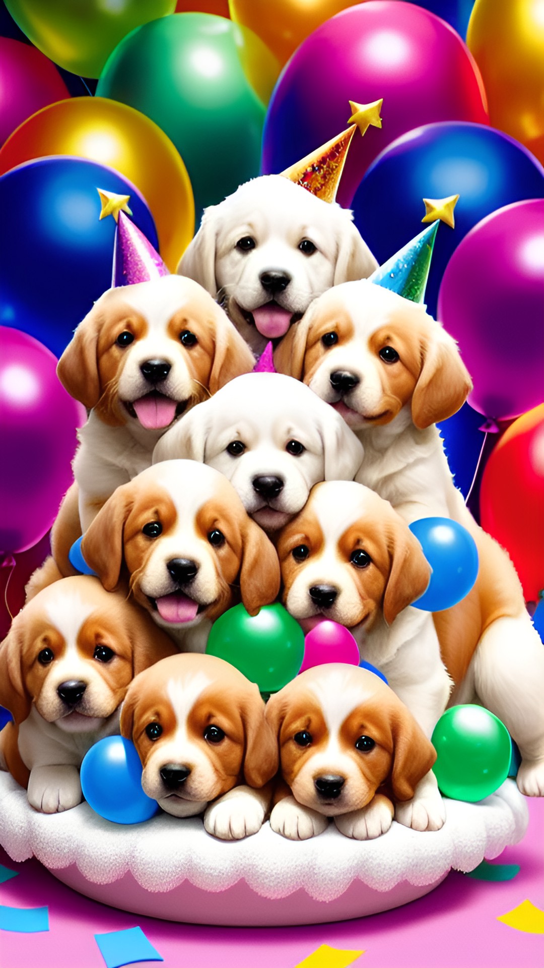 a pile of birthday puppies wearing party hats, stacked on top of each other, with balloons and confetti. they are all english cream golden retriever puppies. preview