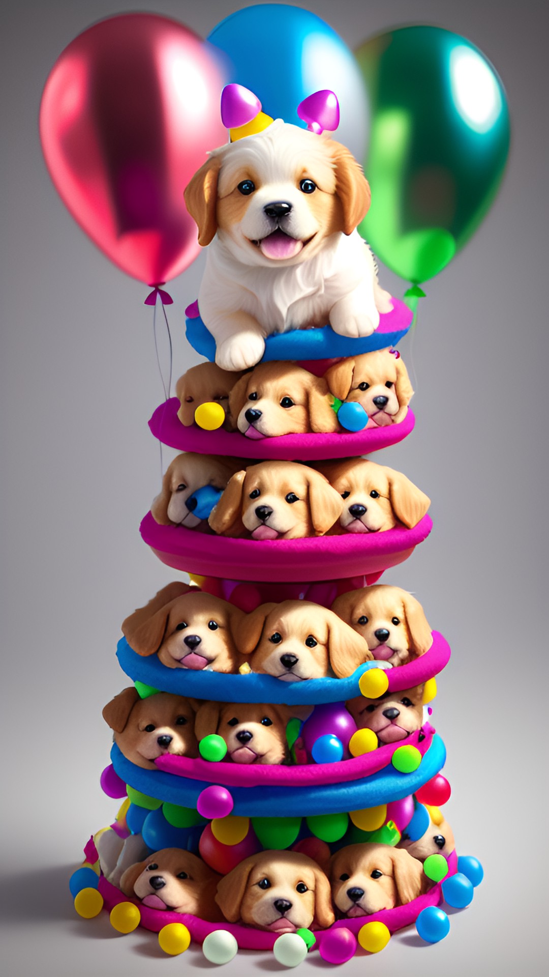 a pile of birthday puppies wearing party hats, stacked on top of each other, with balloons and confetti. they are all english cream golden retriever puppies. preview