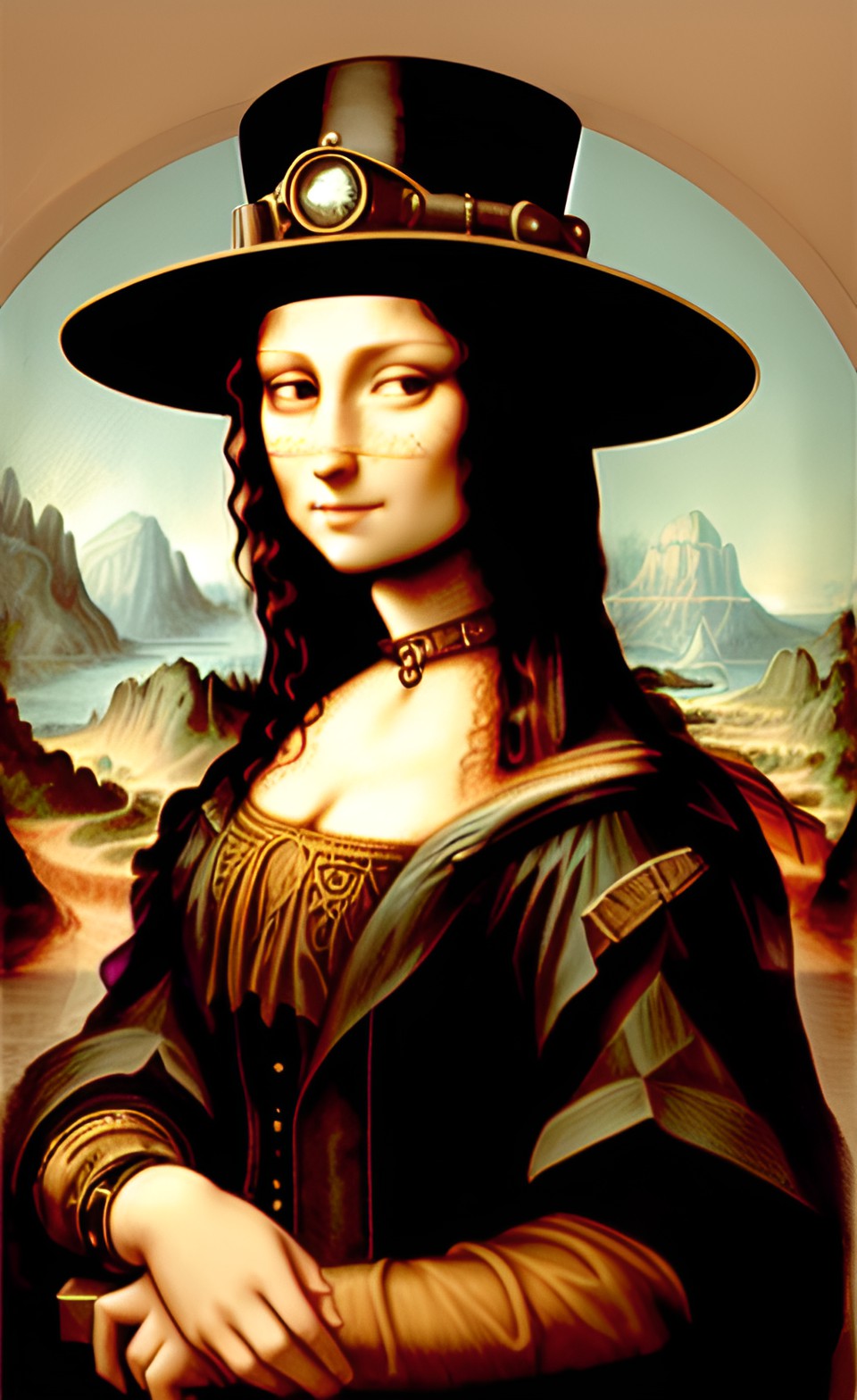 steampunked mona lisa - mona lisa wearing a white helmet with miners lamp on helmet preview