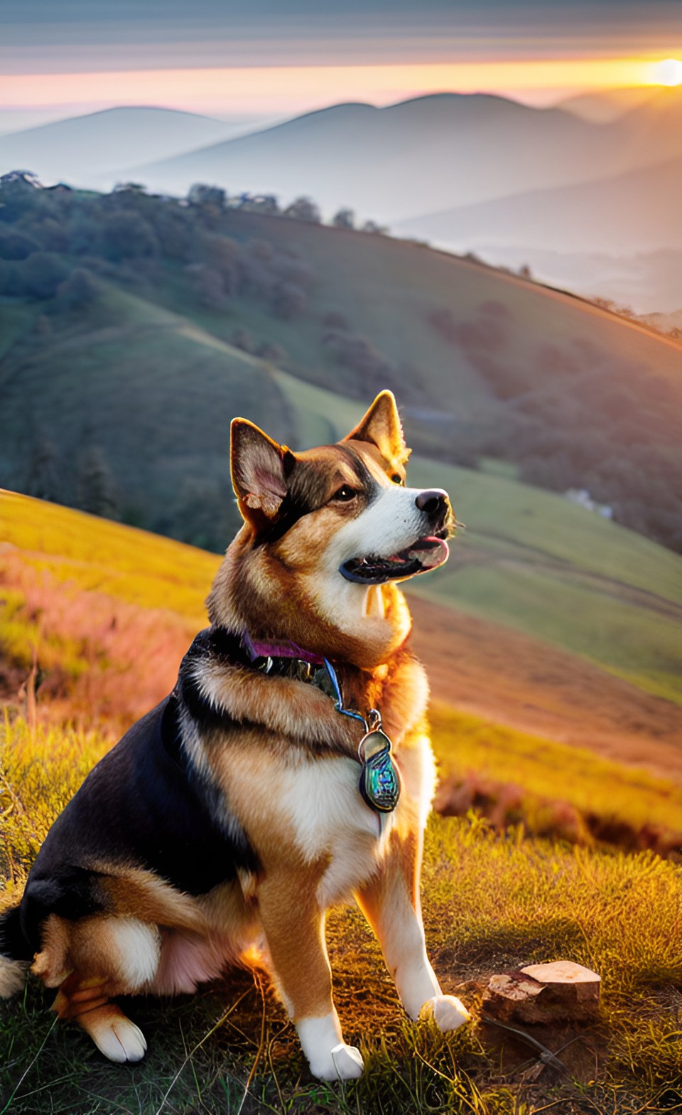 a sun coming up with a dog on a hill preview