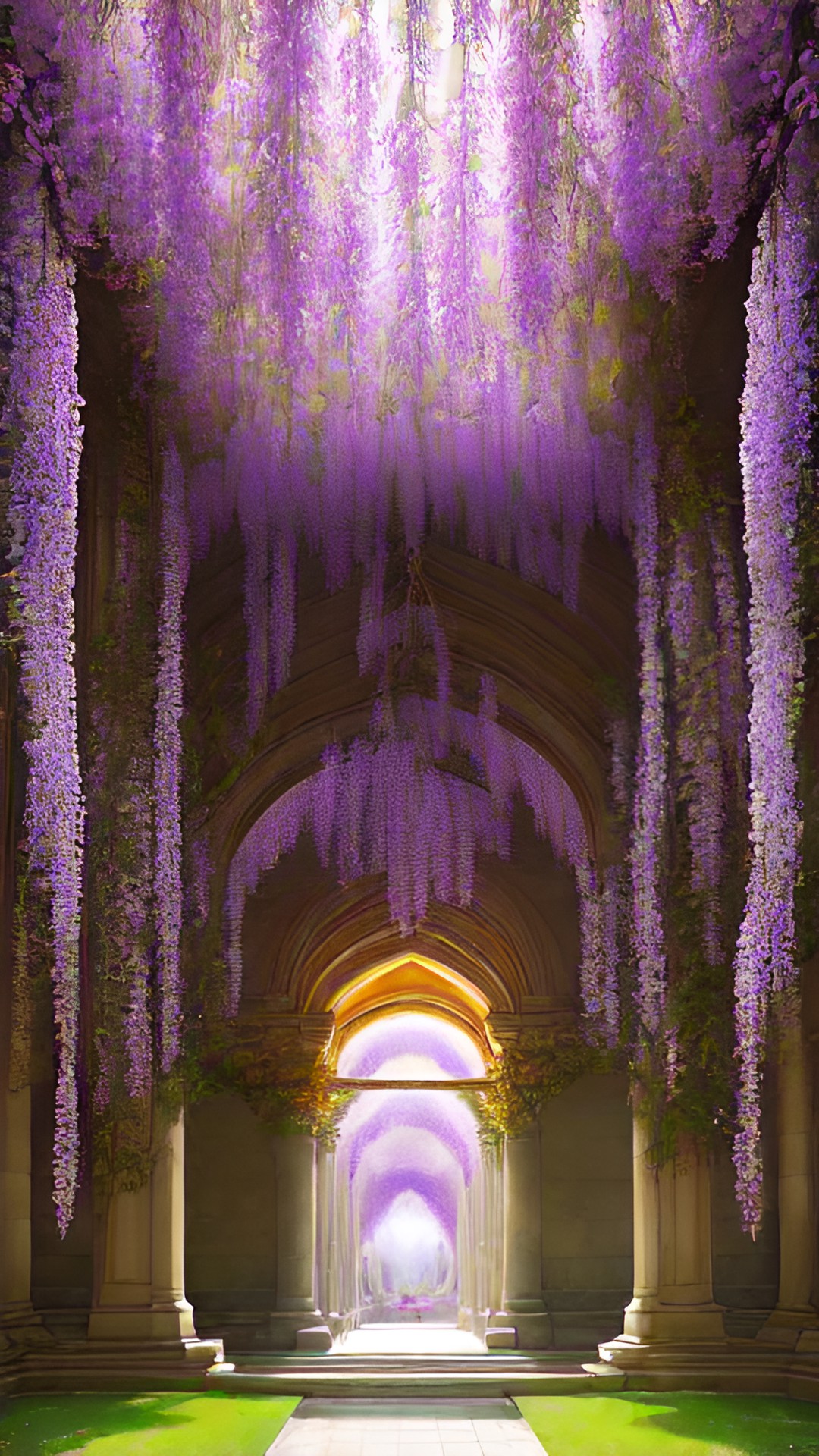 throne hall of the king of spring. pillars and vaulted ceilings. soft sunlight. purple pink and yellow and pastels. flowers and vines grow wild inside the hall. wisteria and bougainvillea. so much green. preview