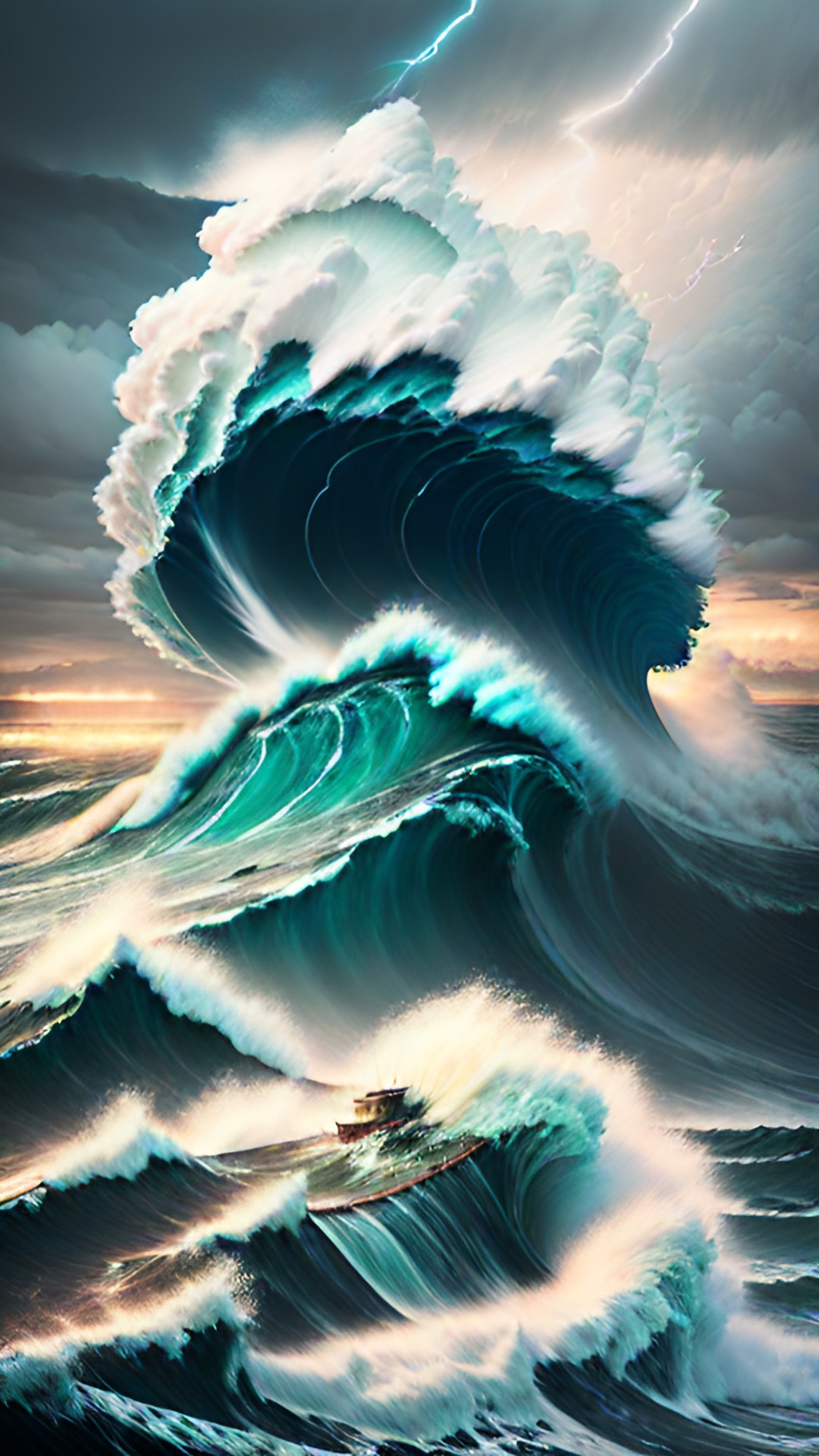 Tsunami - tsunami - the monstrous tsunami towering over a small fishing village, crashing waves carrying fishing boats and debris inland, with lightning flashing in the background." preview