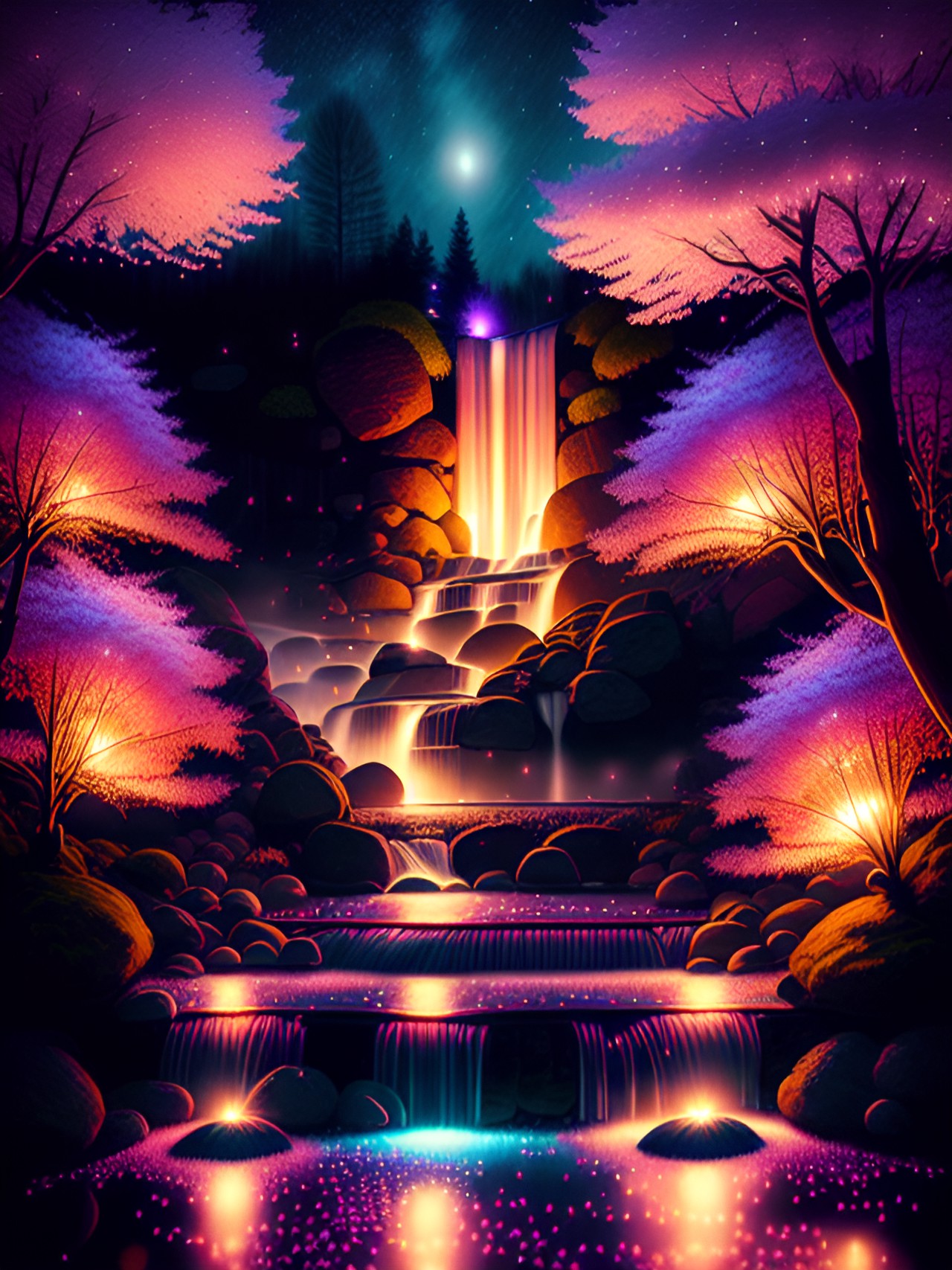 cherry blossom waterfall, night, fairy lights. preview