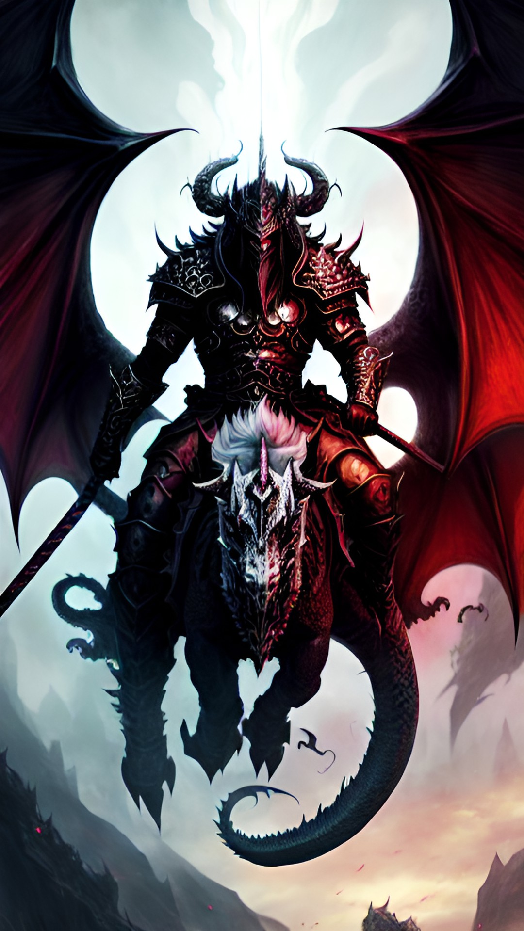 Demon king - a demon king riding the abyss dragon in haven. he looks like a person with red eyes and white hair - a majestic and menacing demon king, adorned in dark armor, riding on the back of a ferocious abyss dragon preview