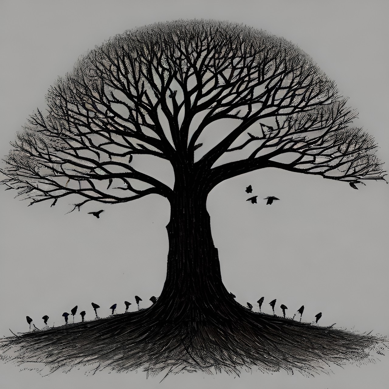 sketch of a single tree head with lots of crows preview