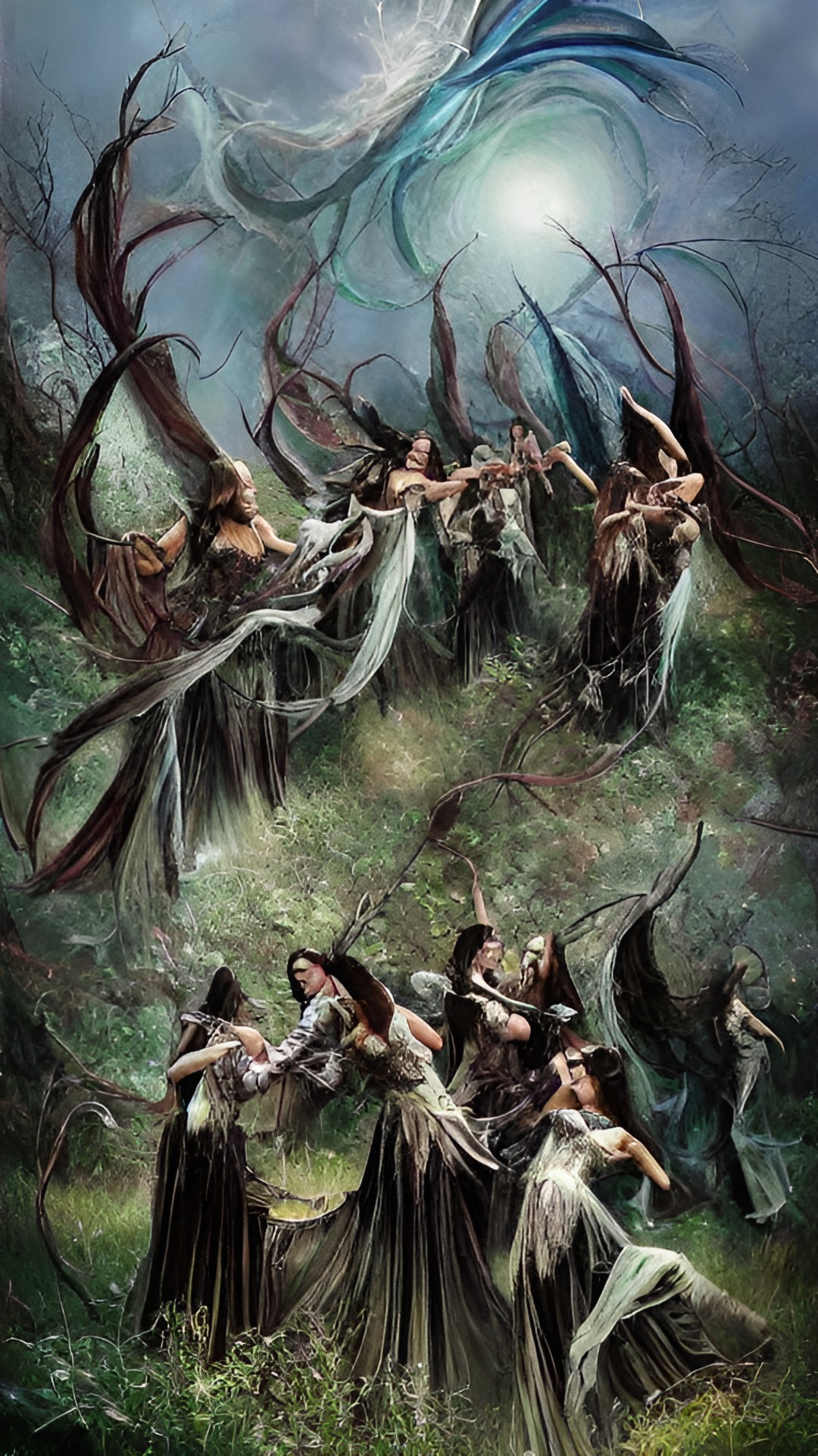 sirens in the wind - a mesmerizing scene of sirens gracefully dancing amidst the wild winds, their shimmering tails swirling behind them like ethereal ribbons in the twilight sky. preview