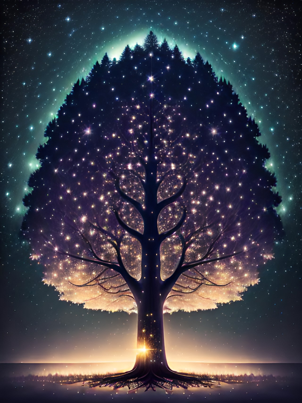 a large and strong sparkling magical tree at night preview