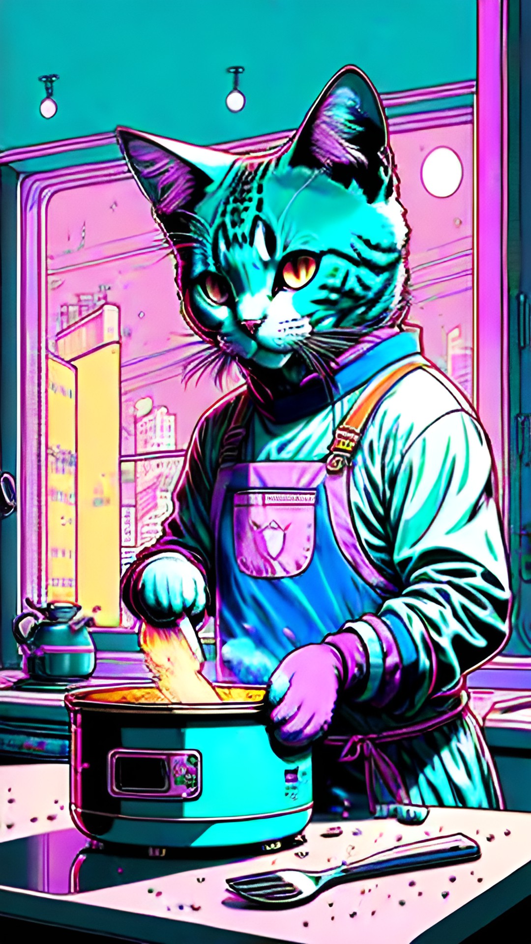 anthropomorphic cat cooking in the kitchen preview