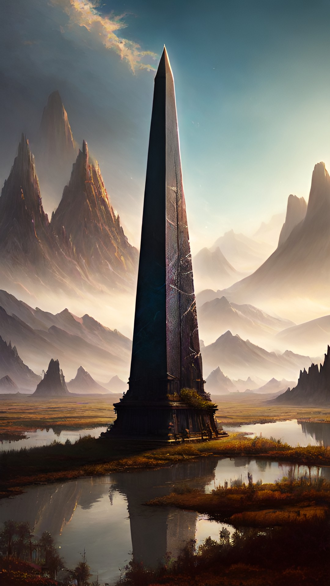 obsidian obelisk in a swamp, mountains in the background, fantasy setting, hd render preview