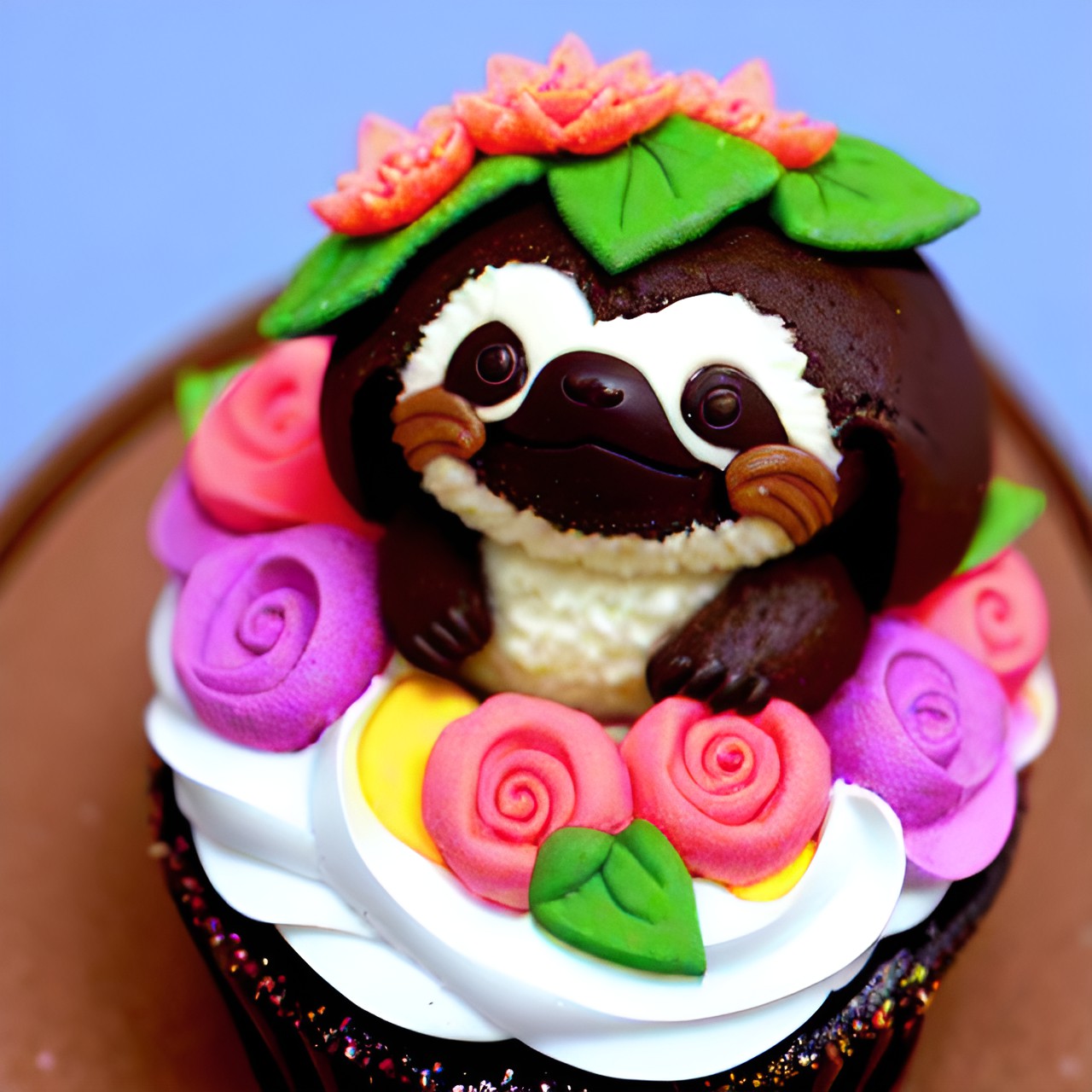 adorable sloth cupcake. this a real, fuzzy, tiny sloth sticking out of the top of a chocolate cupcake. the cupcake is covered in sprinkles and surrounded by colorful flowers. preview