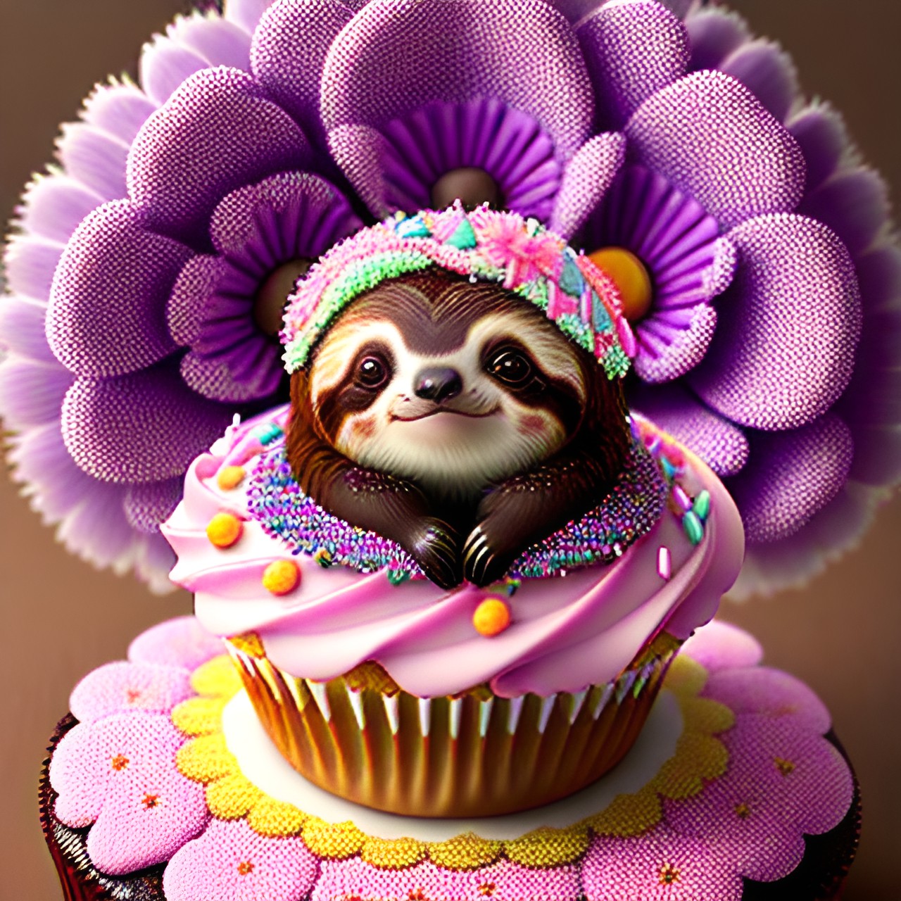 adorable sloth cupcake. this a real, fuzzy, tiny sloth sticking out of the top of a chocolate cupcake. the cupcake is covered in sprinkles and surrounded by colorful flowers. it’s an actual real, live sloth, but she doesn’t mind the cupcake so much. after all, it is delicious. preview