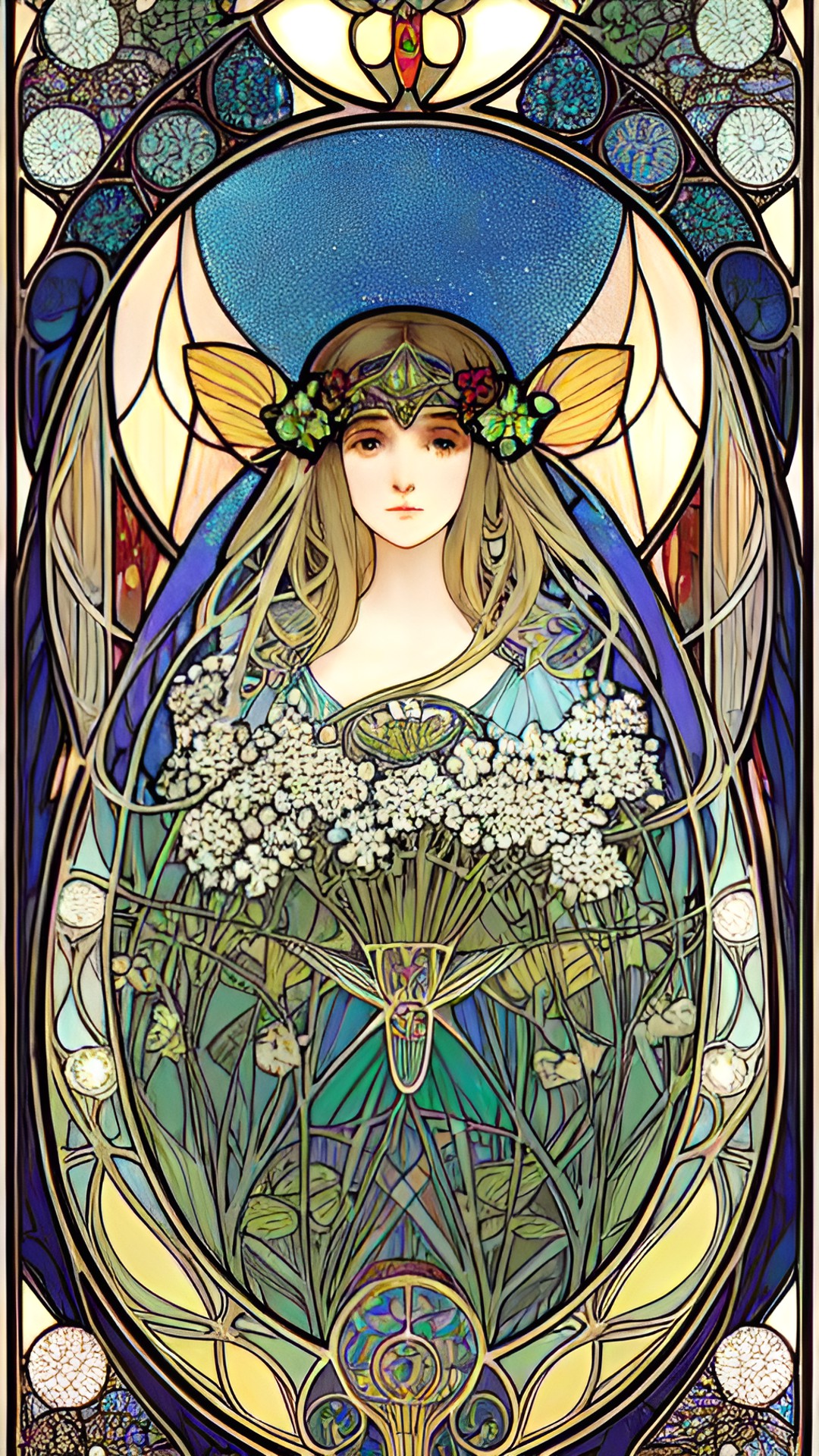 woman surrounded by moths. inspired by mucha and art nouveau. preview