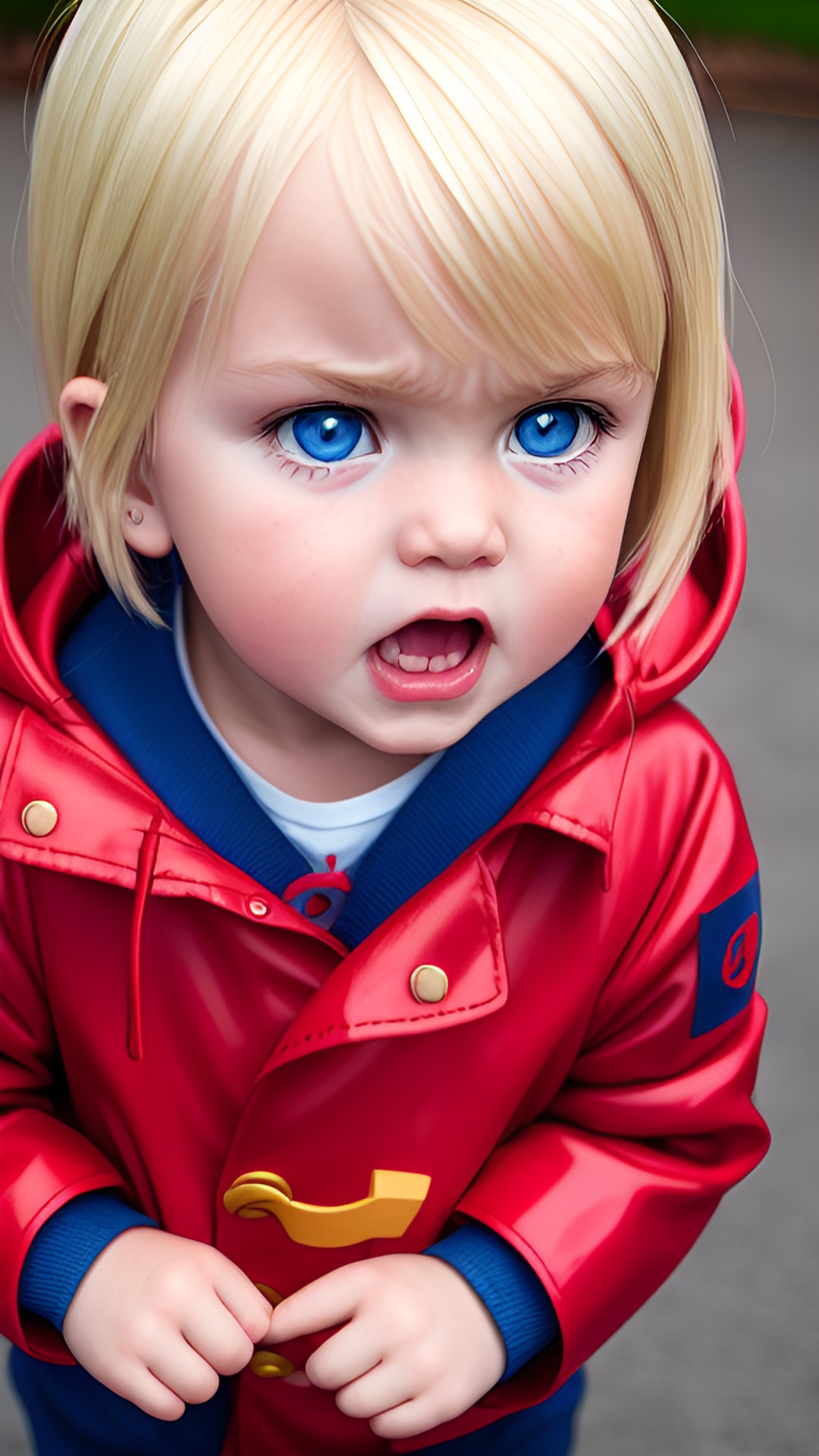 a blonde toddler with a angry face and blue eyes wearing a red raincoat preview