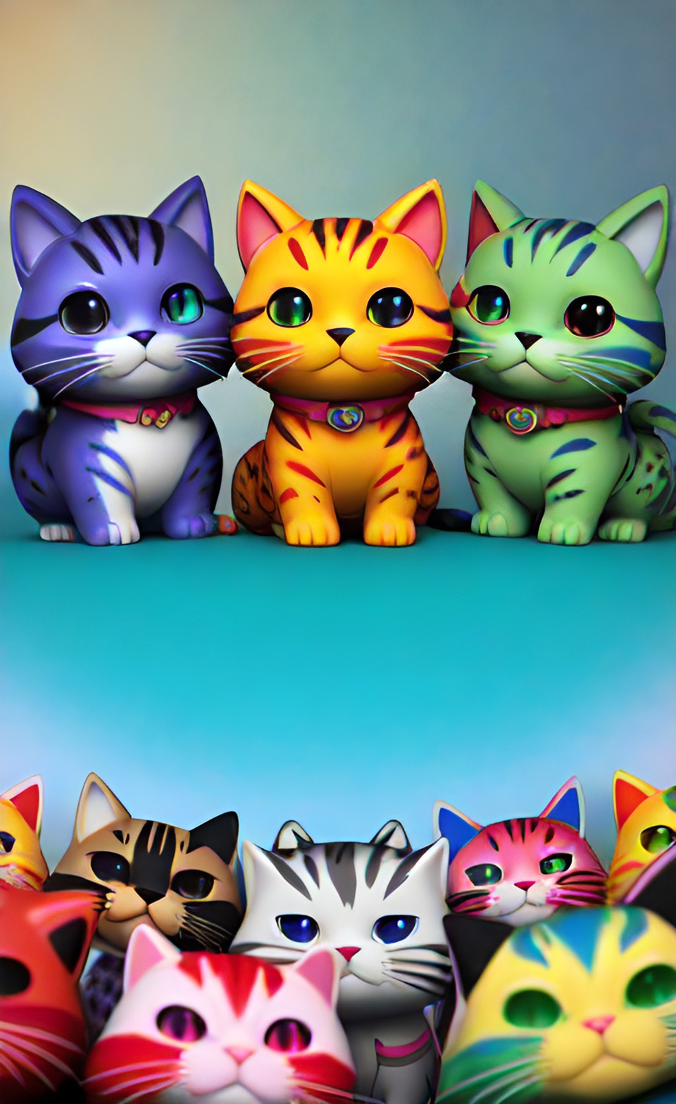 a large number of colorful cats, front view preview