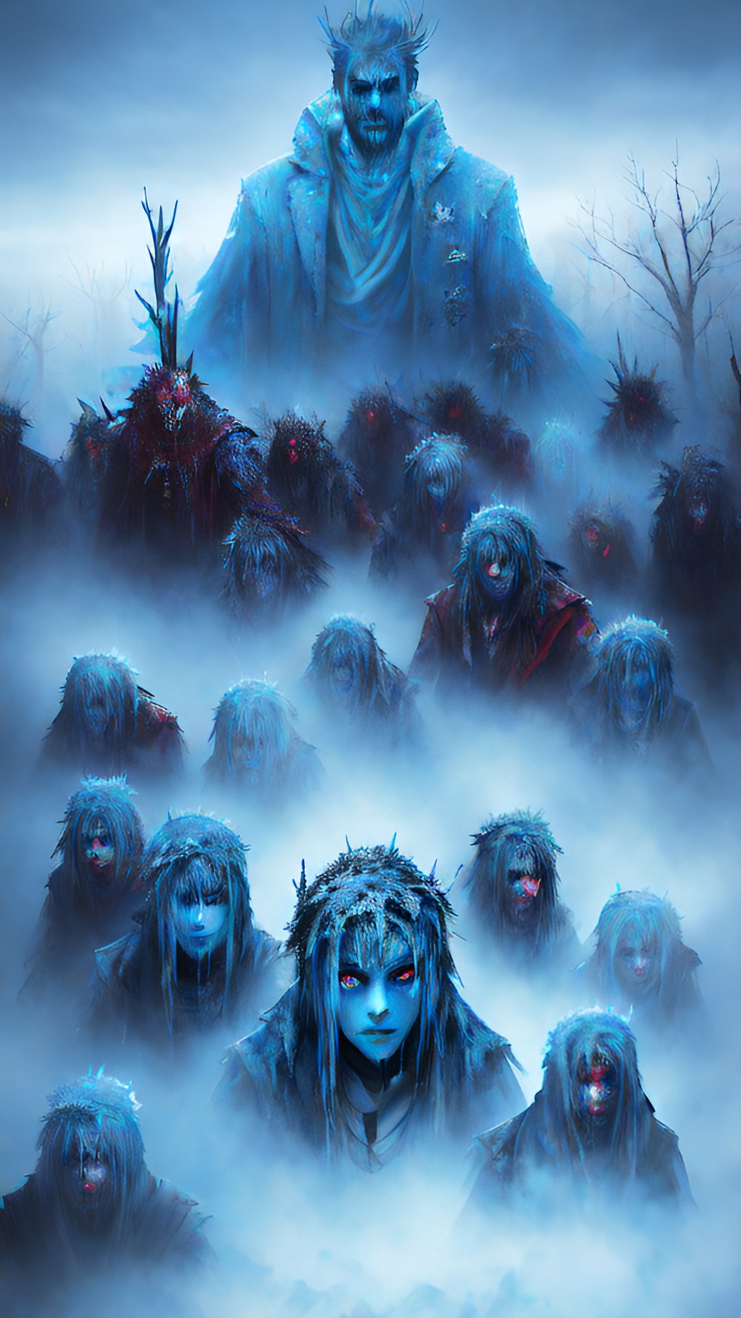 Dead of Winter - a horde of frozen zombies with icy blue skin, tattered clothes, and haunting eyes. they are surrounded by a chilling mist, adding to their eerie presence. preview