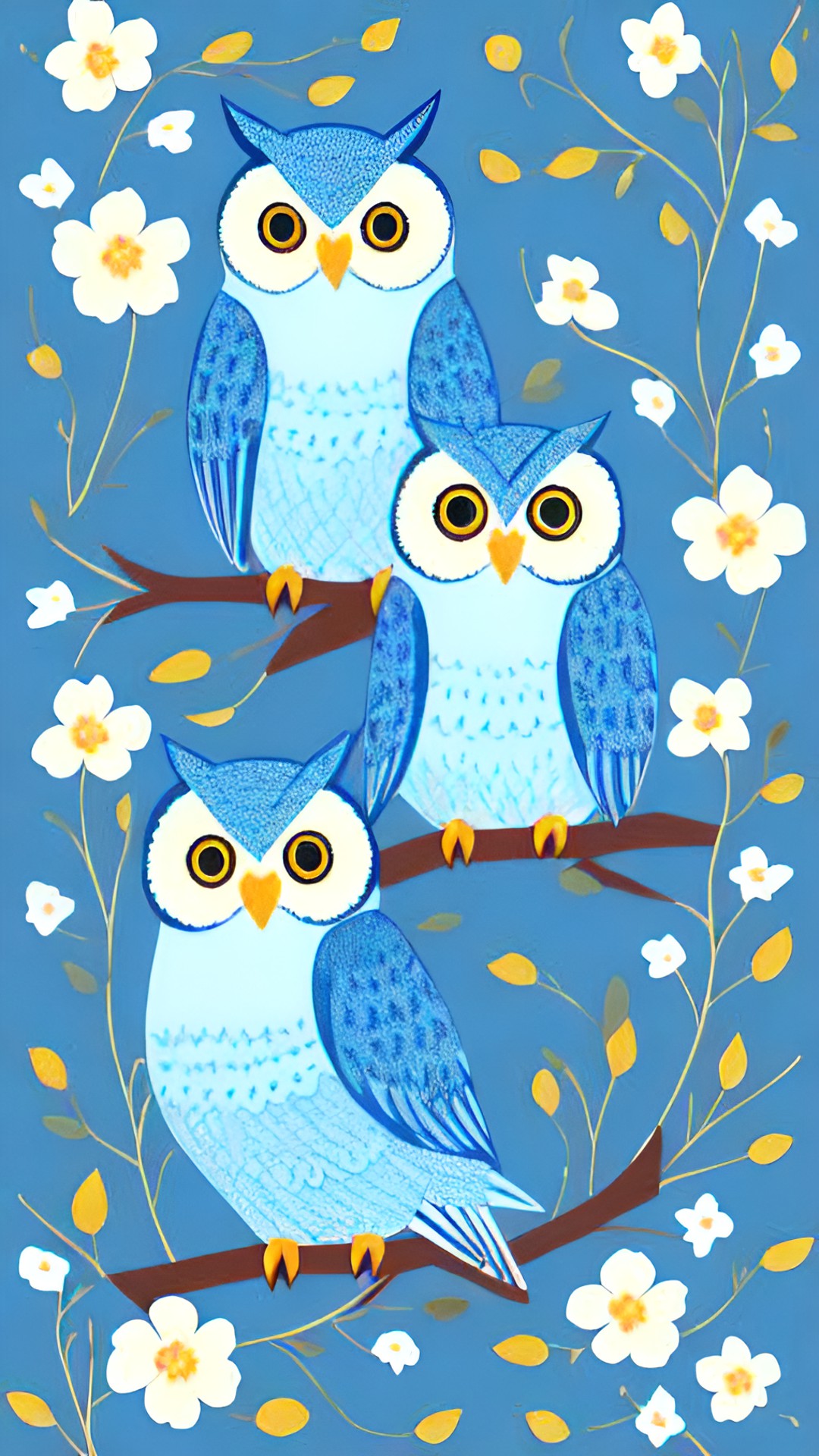 owls, light blue background , flowers on background preview