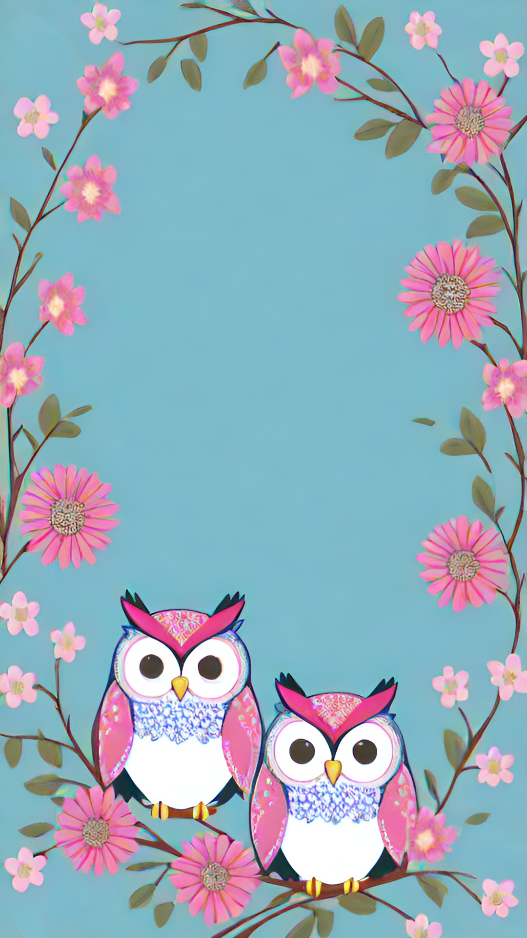 owls, light blue background , pink flowers on background preview