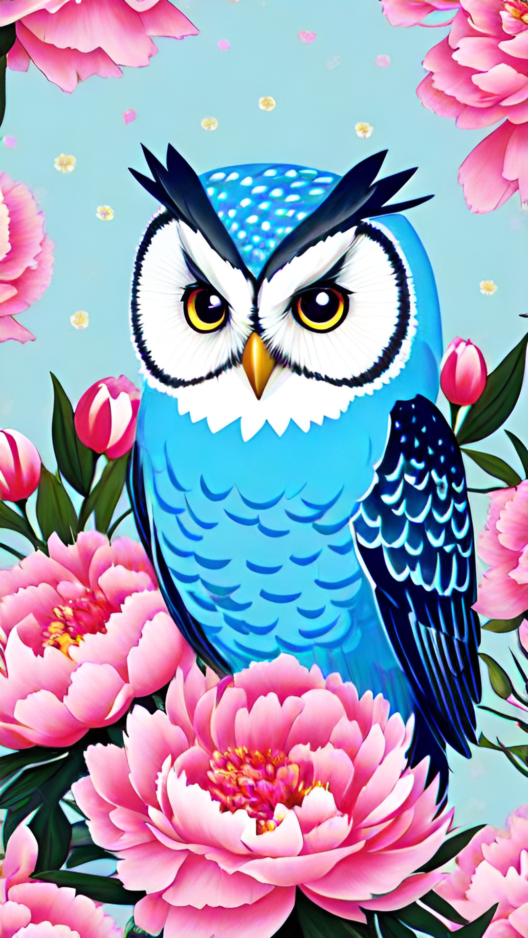 owls, light blue background , pink flowers on background, peony preview