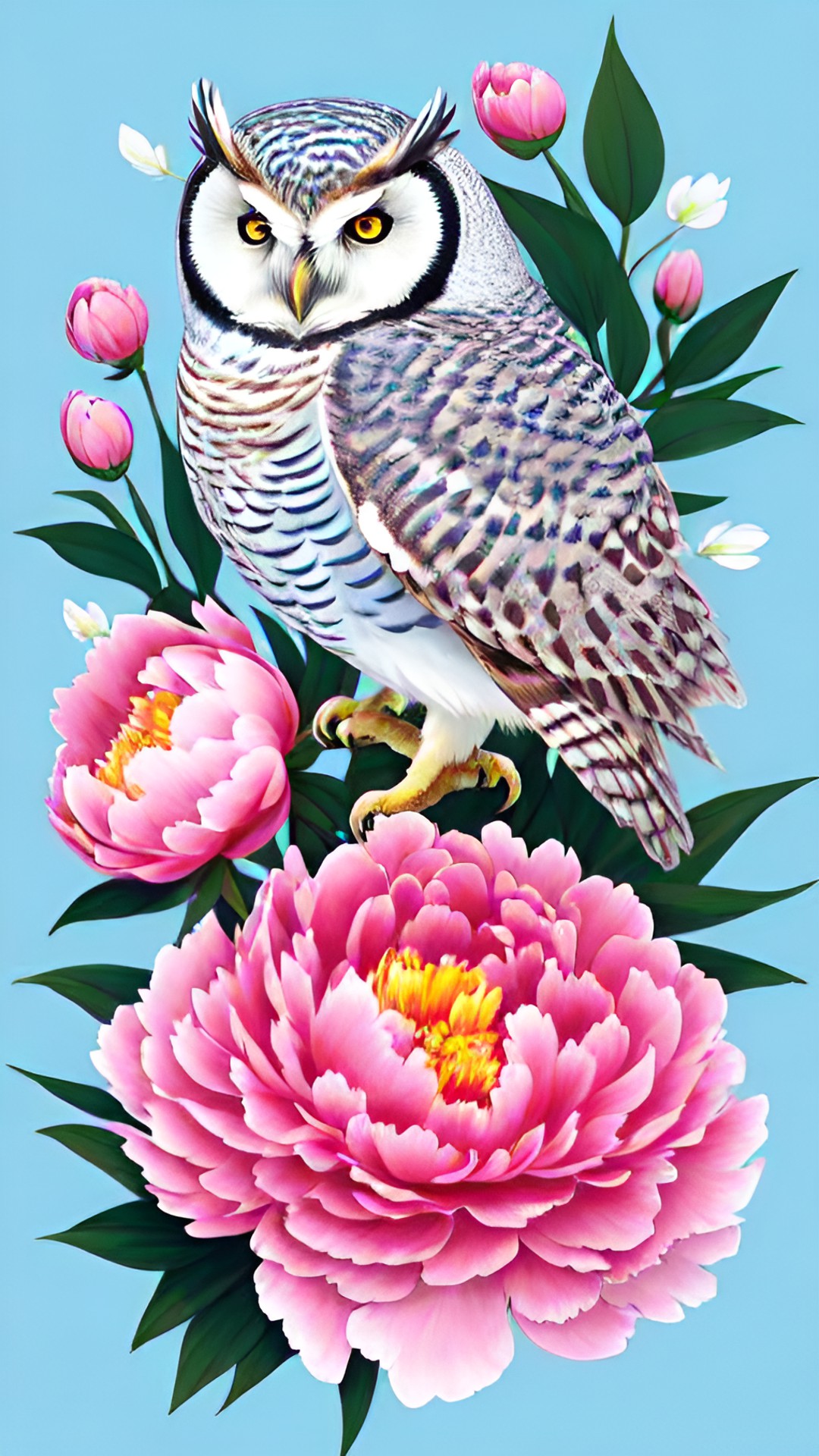 owls, light blue background , pink flowers on background, peony preview