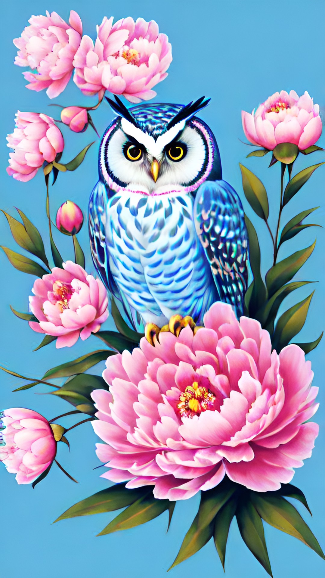 owls, light blue background , pink flowers on background, peony preview