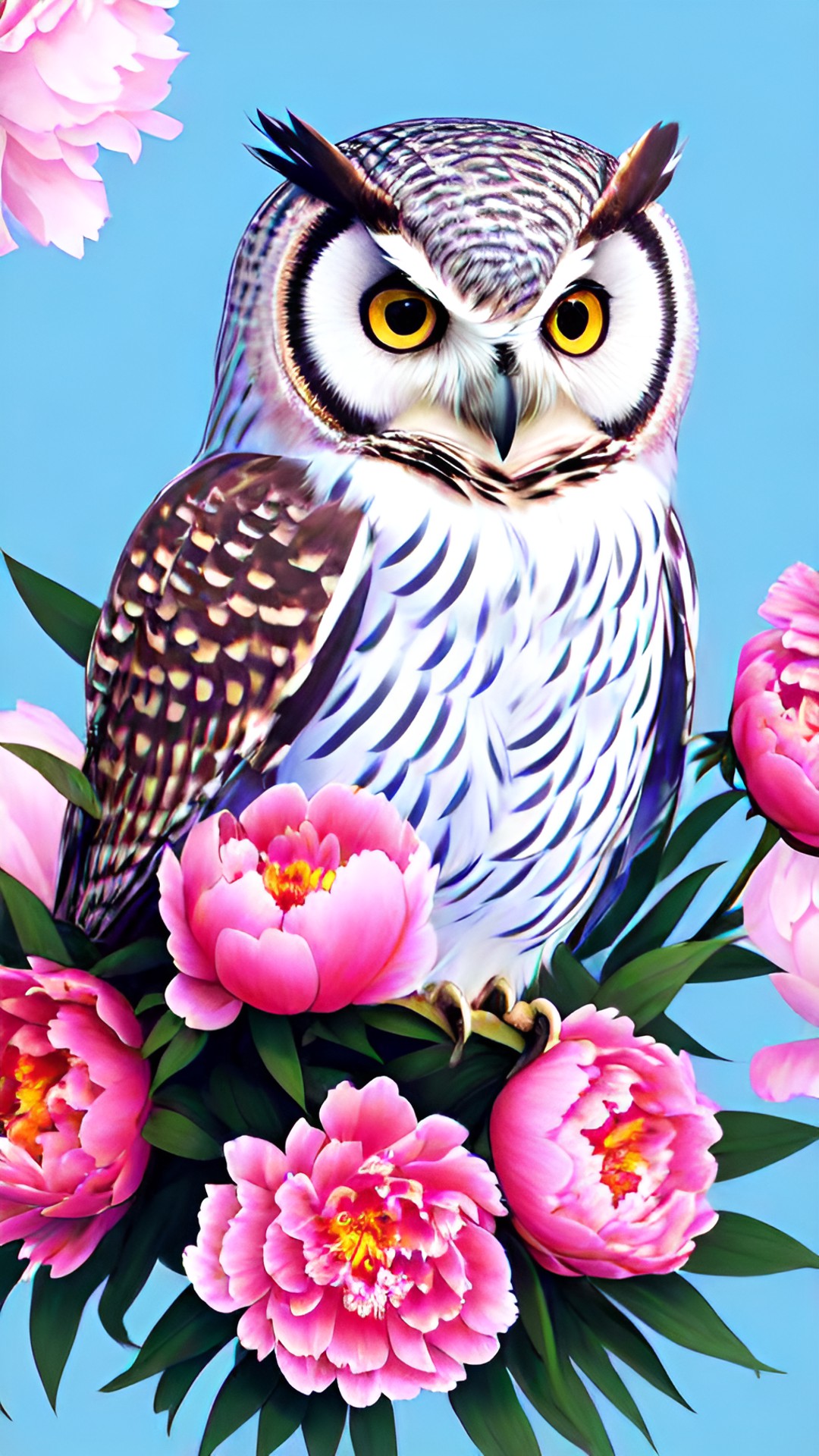 owls, light blue background , pink flowers on background, peony, realistic preview